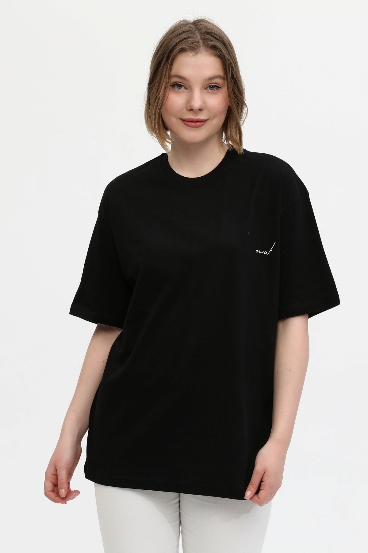 Unisex Siyah %100 Pamuk Baskılı Oversize Dik Yaka Örme T-shirt