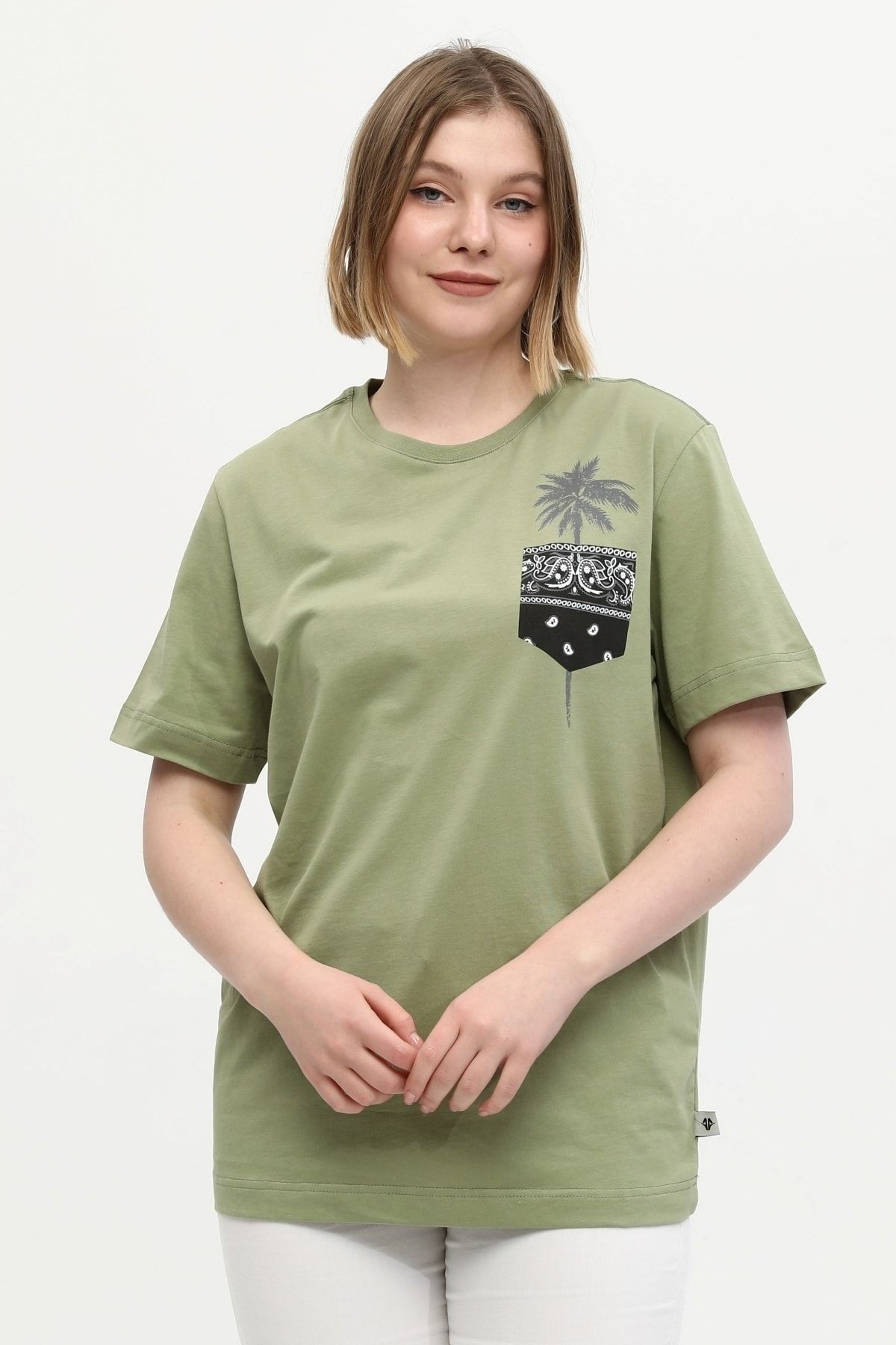 Kadın Yeşil %100 Pamuk Baskılı Oversize Dik Yaka Örme Palmiye T-shirt