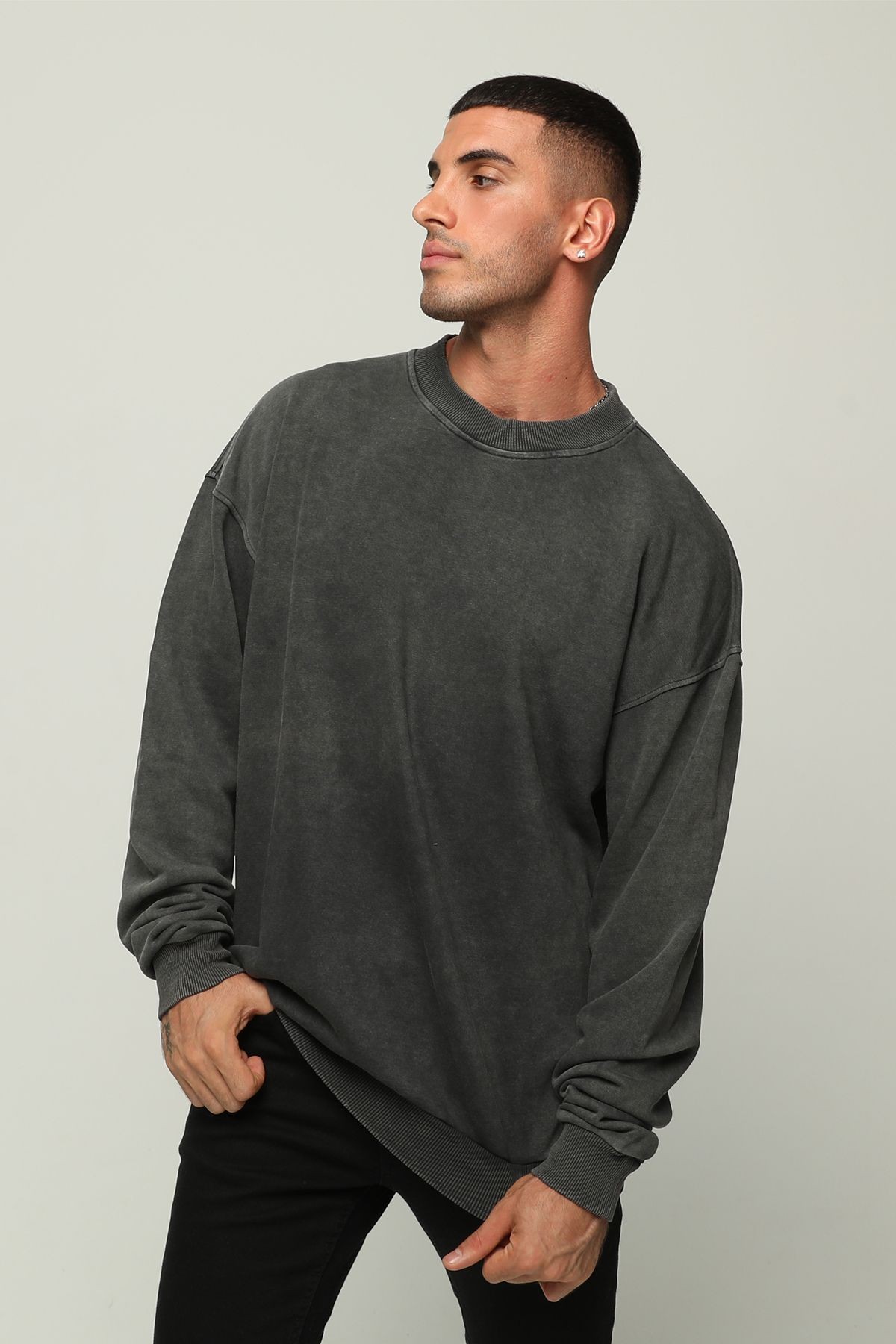 Erkek Oversize Bisiklet Yaka Baskılı Sweatshirt