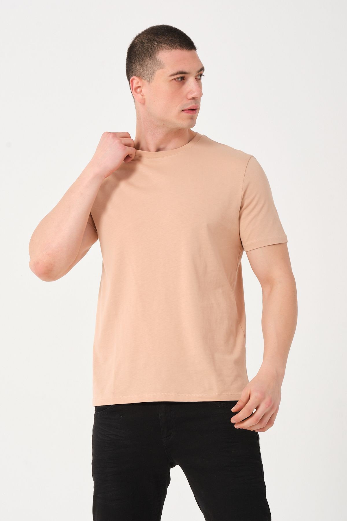 Erkek Bej Bisiklet Yaka Slim Fit T-shirt