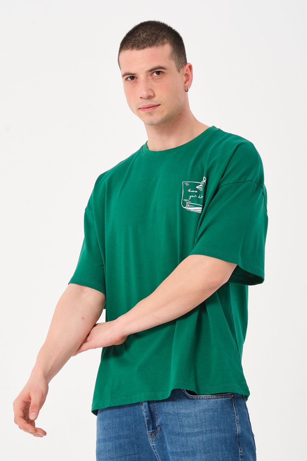 Erkek Açık Yeşil Bisiklet Yaka Baskı Detaylı Oversize T-shirt