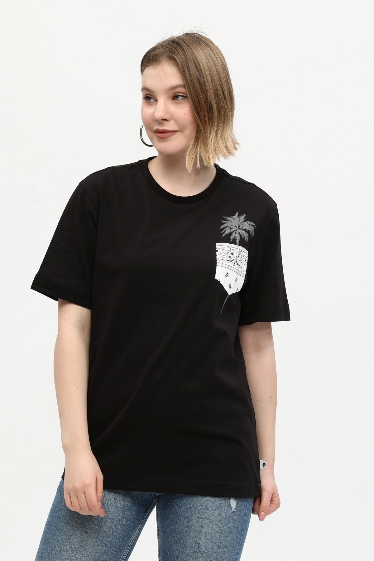 Siyah %100 Pamuk Bisiklet Yaka Baskılı Oversize Örme Palmiye T-shirt