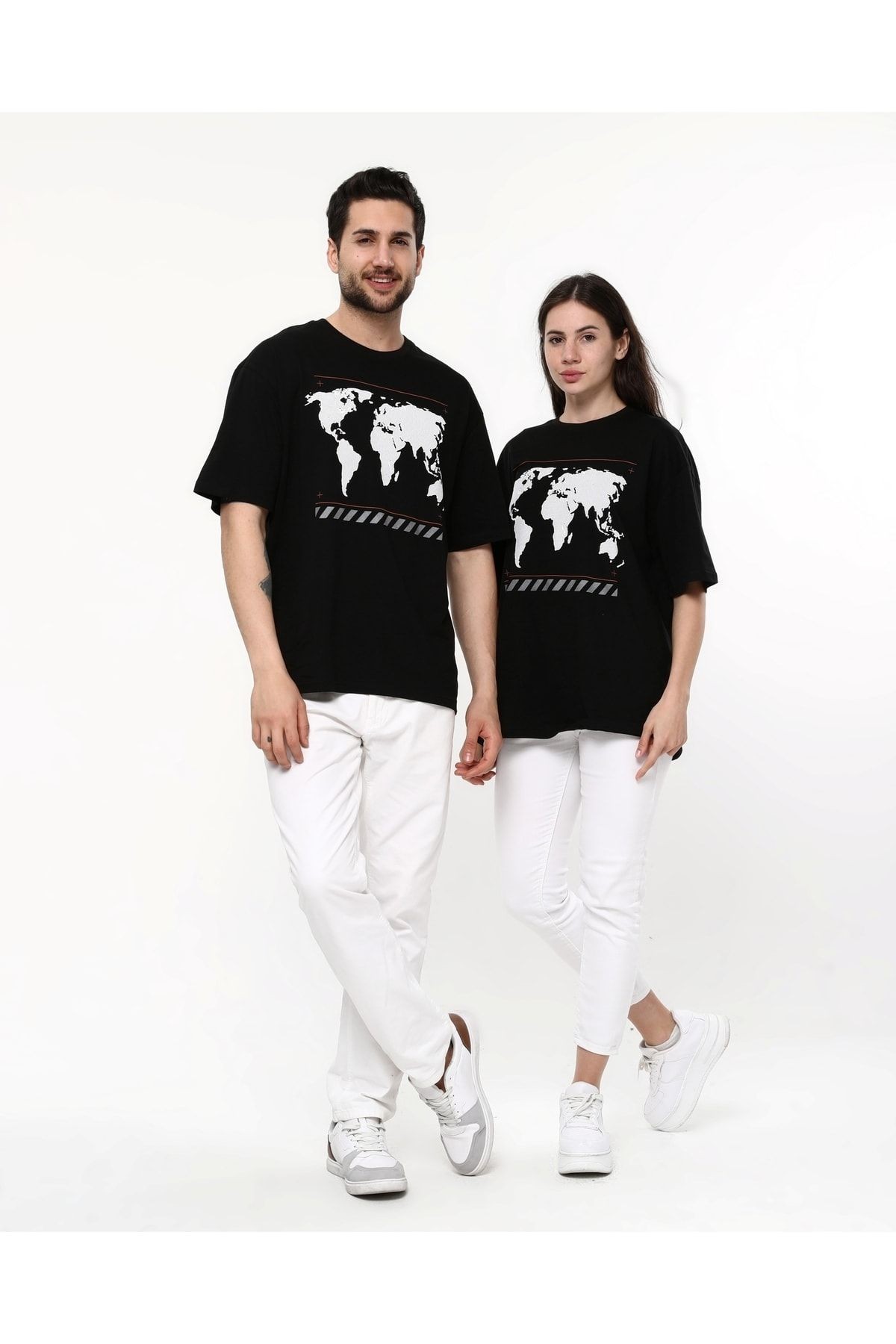 Harita Baskı Detaylı Unisex Siyah T-shirt