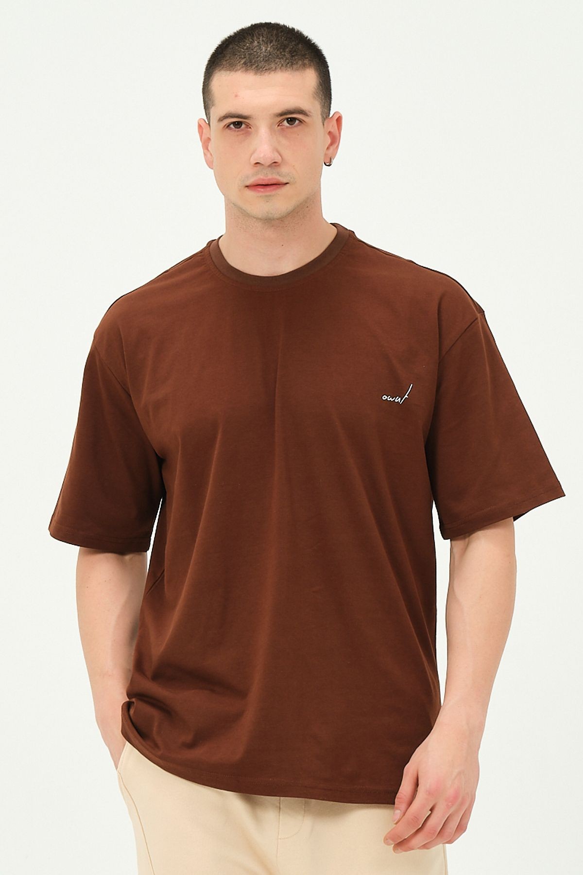 Erkek Kahverengi Sırt Baskı Detaylı Oversize T-Shirt