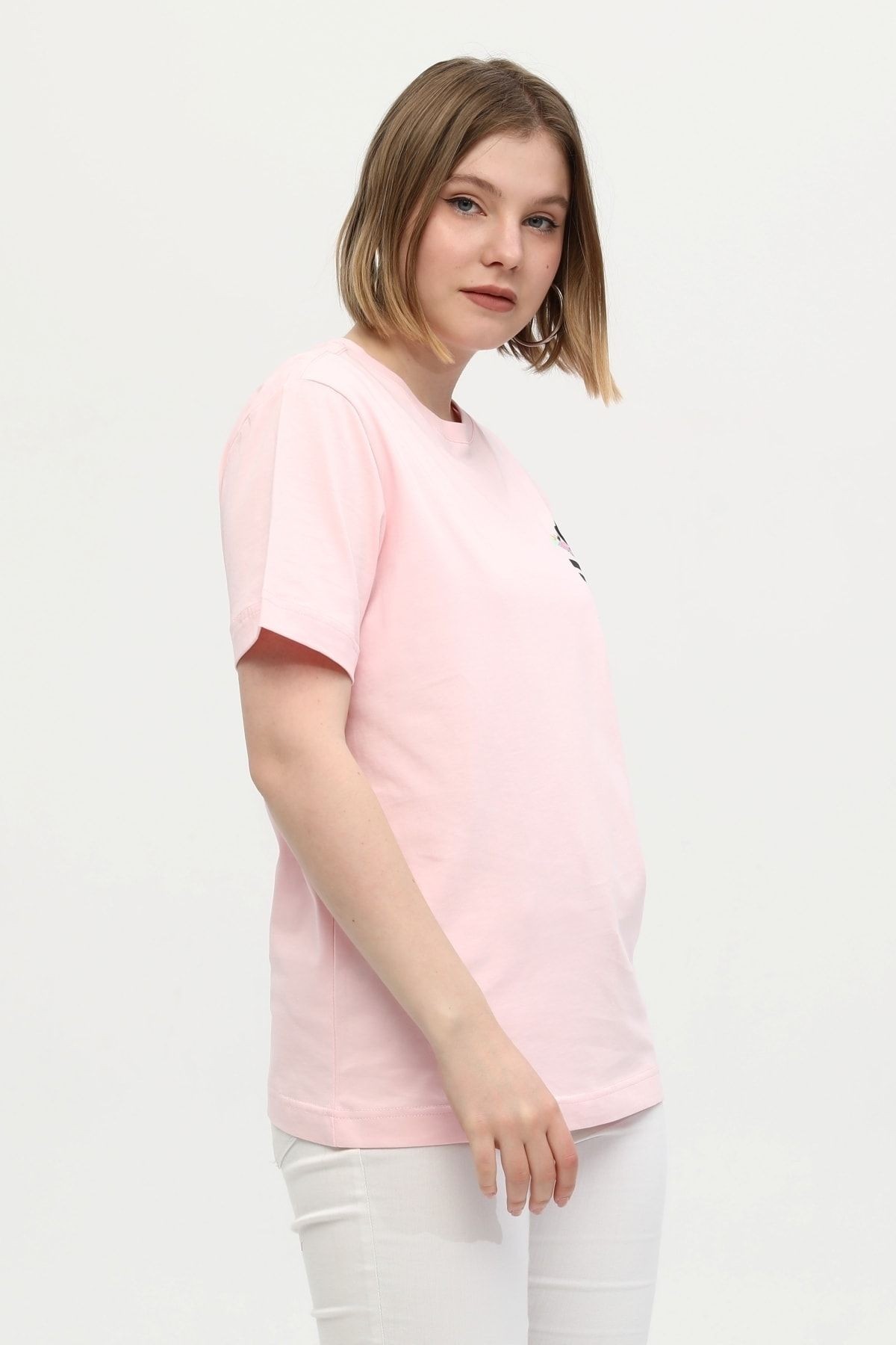 Pembe %100 Pamuk Bisiklet Yaka Baskılı Oversize Örme T-shirt