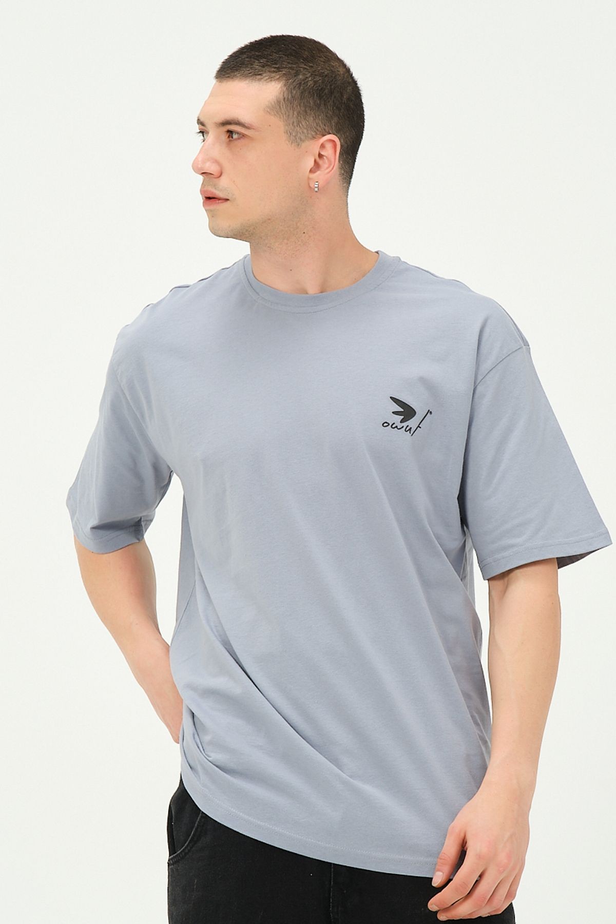 Erkek Gri Sırt Baskılı Oversize T-Shirt