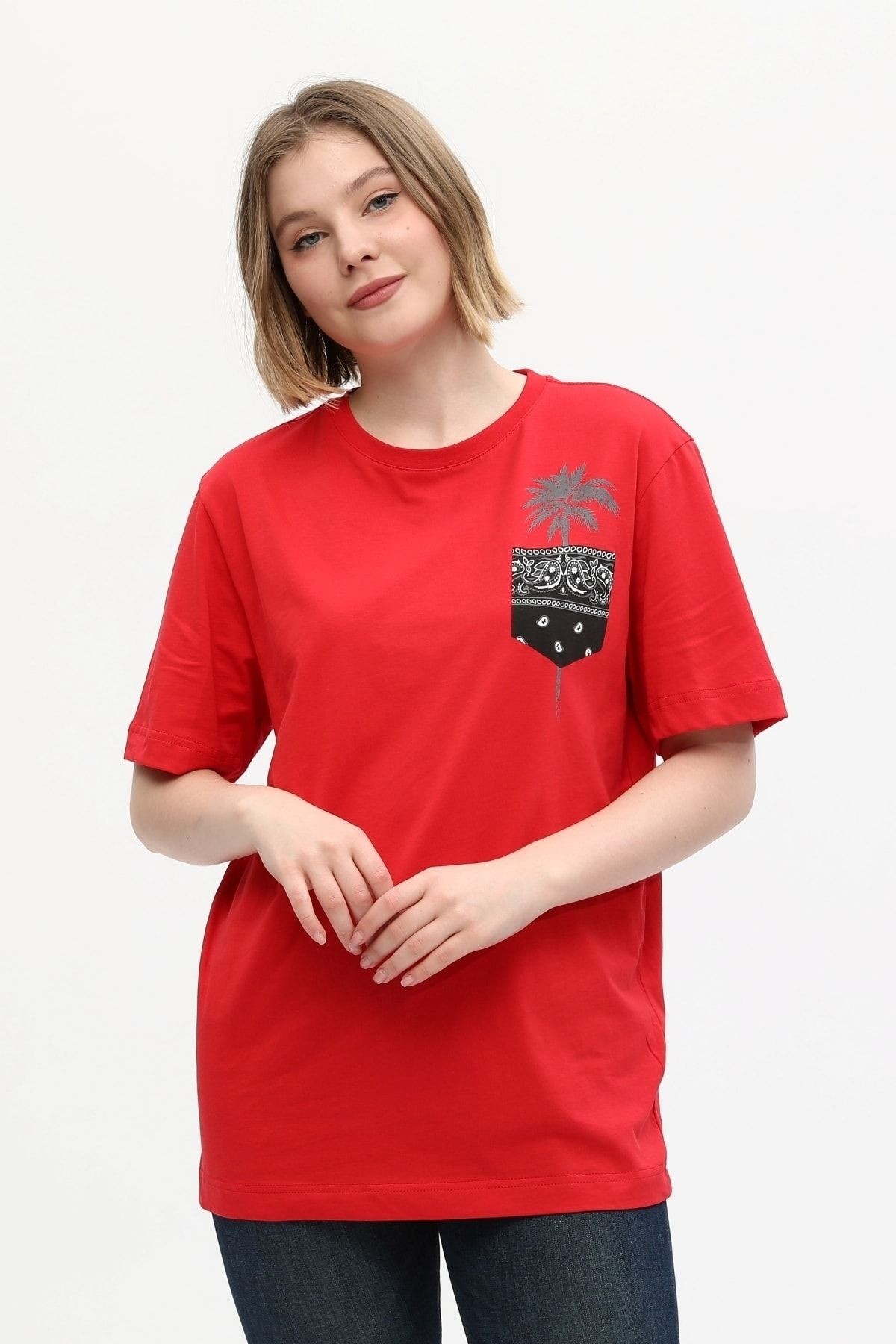 Kırmızı %100 Pamuk Palmiye Cep Detaylı Baskılı Basic Bisiklet Yaka Örme T-Shirt