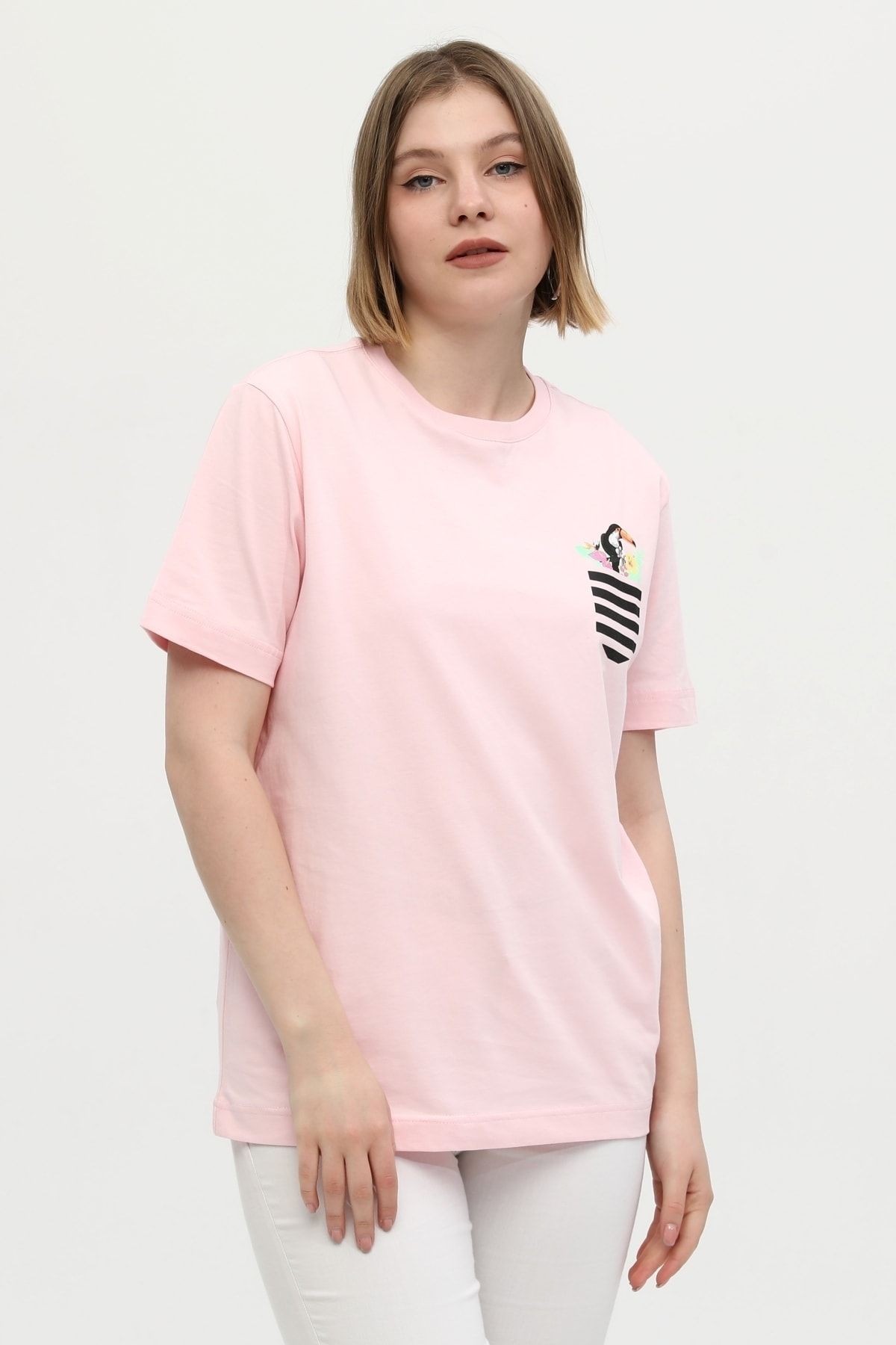 Pembe %100 Pamuk Bisiklet Yaka Baskılı Oversize Örme T-shirt