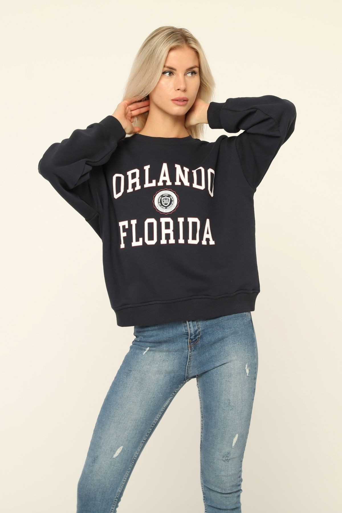 Kadın Lacivert Orlando Floriada Baskılı Bisiklet Yaka Sweatshirt