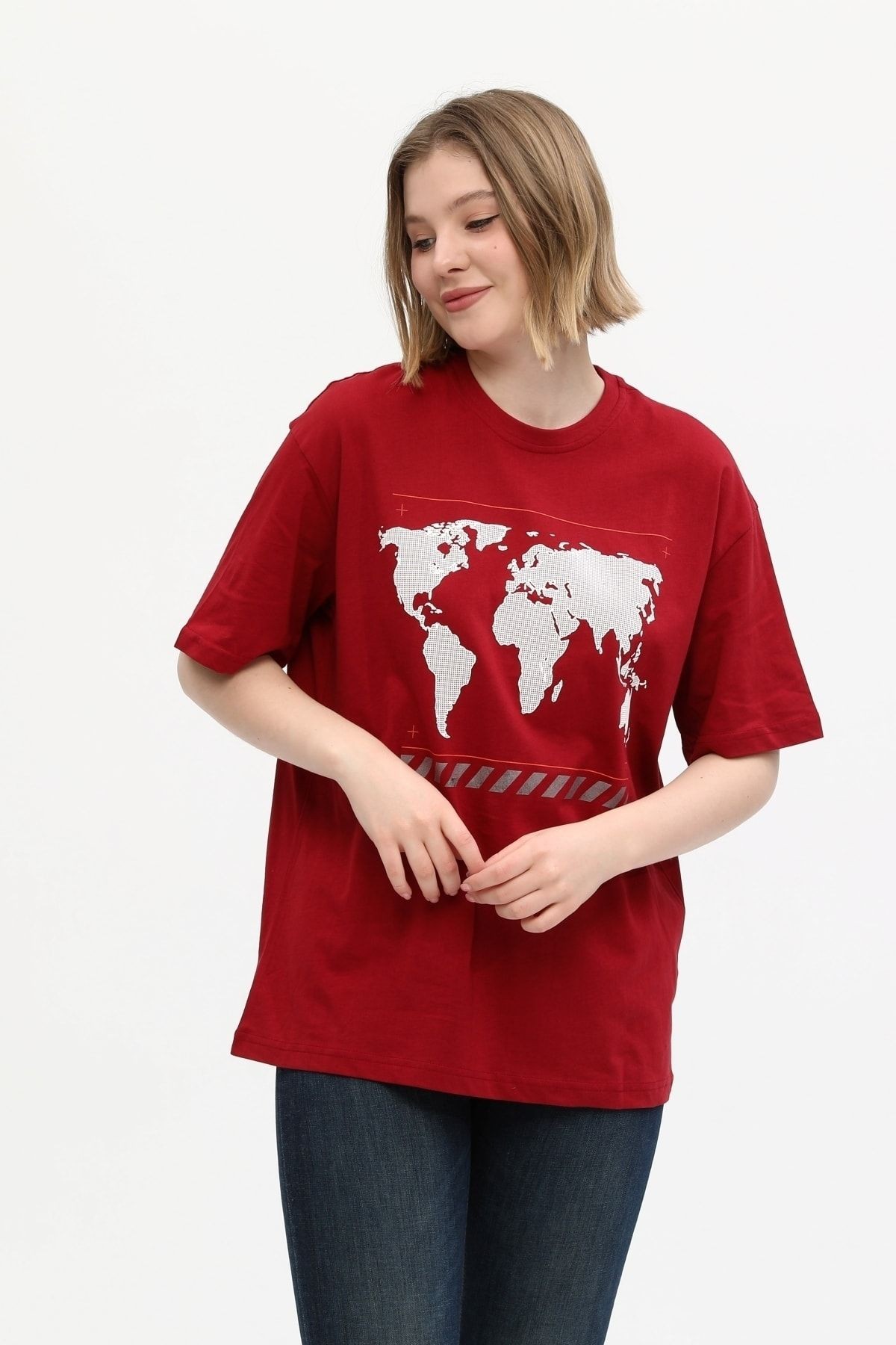 Unisex Kırmızı %100 Pamuk Baskılı Oversize Dik Yaka Örme T-shirt