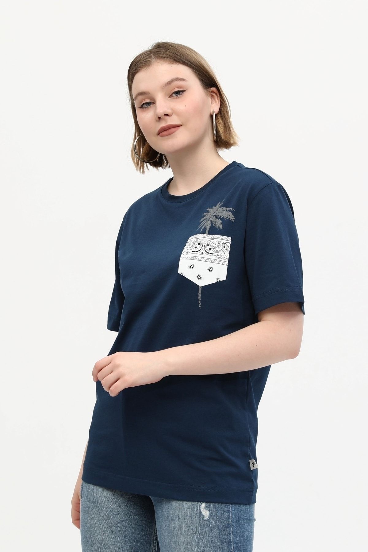Lacivert %100 Pamuk Bisiklet Yaka Baskılı Oversize Örme Palmiye T-shirt