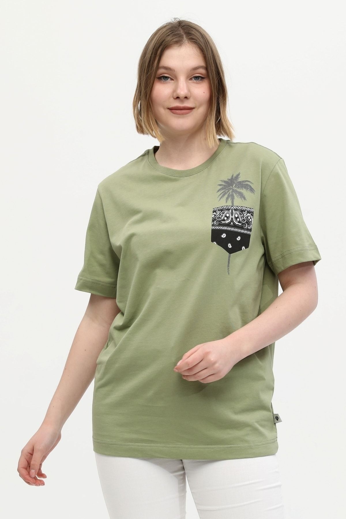 Kadın Yeşil %100 Pamuk Baskılı Oversize Dik Yaka Örme Palmiye T-shirt