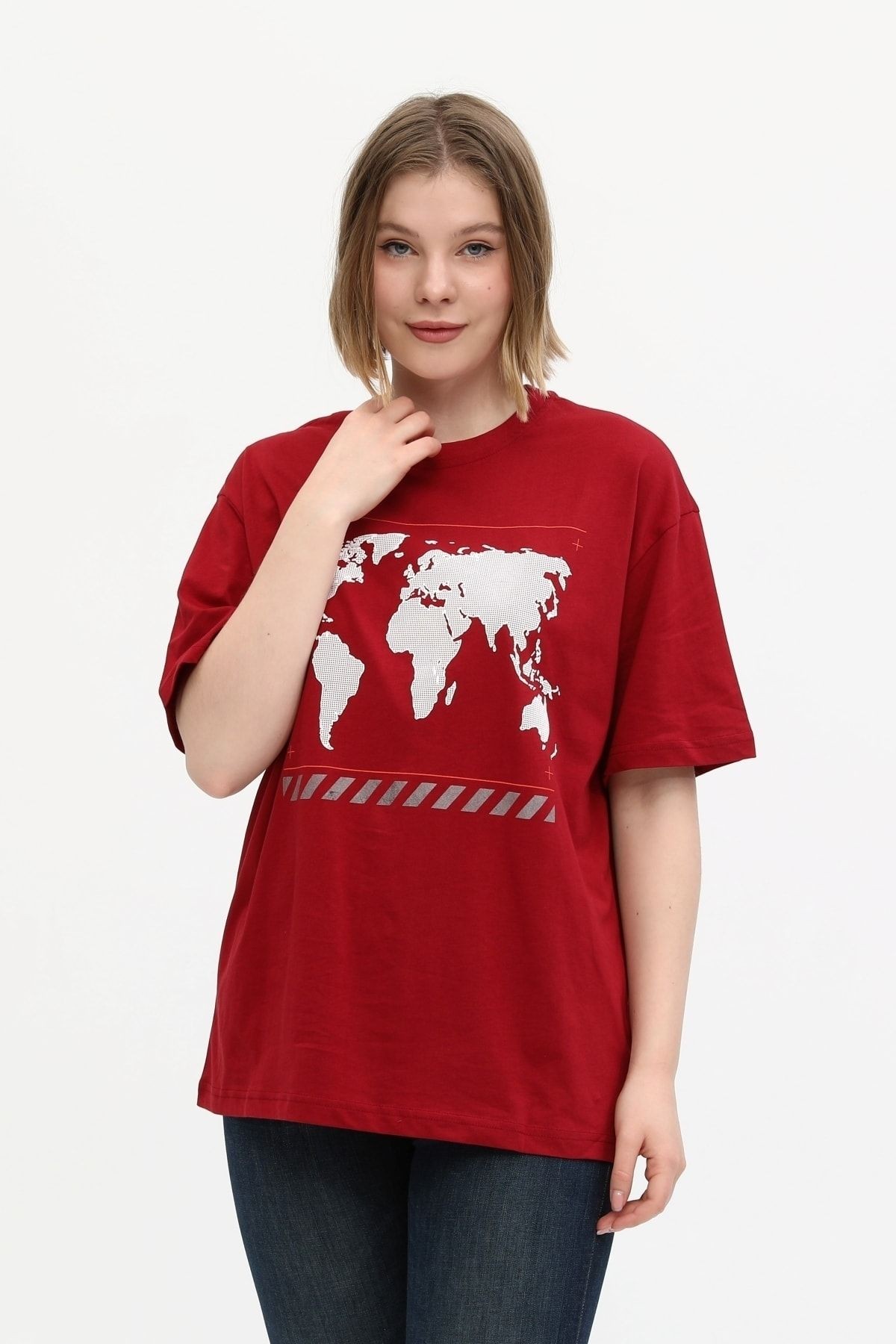 Unisex Kırmızı %100 Pamuk Baskılı Oversize Dik Yaka Örme T-shirt