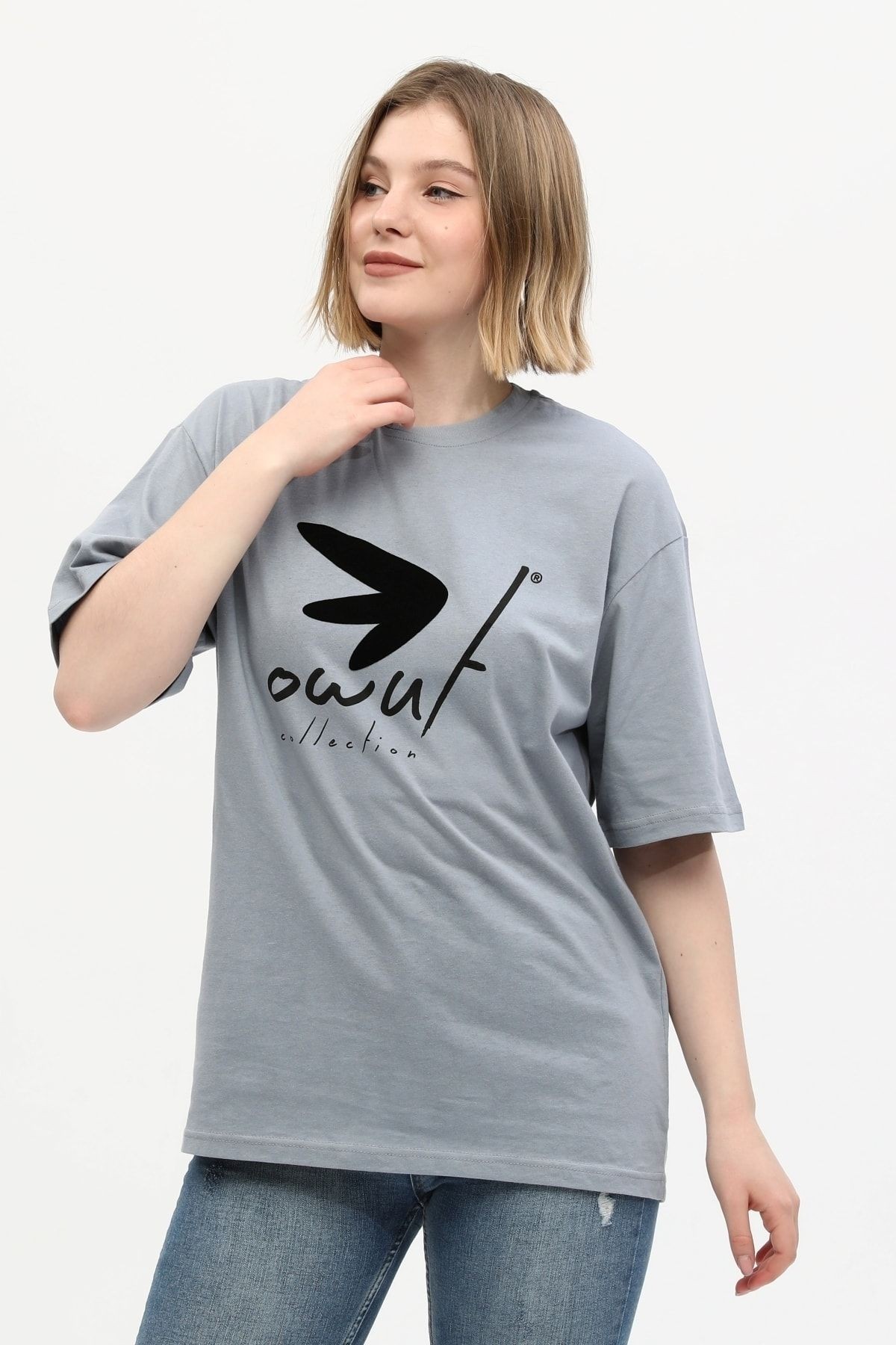 %100 Pamuk Bisiklet Yaka Baskılı Oversize Örme T-shirt