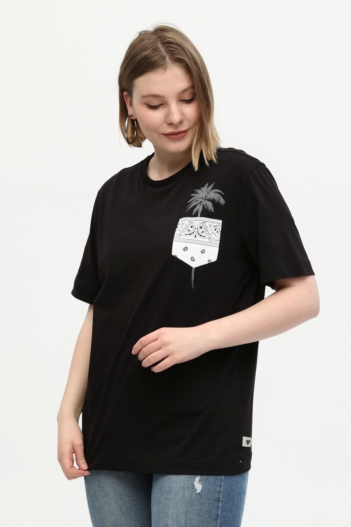 Siyah %100 Pamuk Bisiklet Yaka Baskılı Oversize Örme Palmiye T-shirt