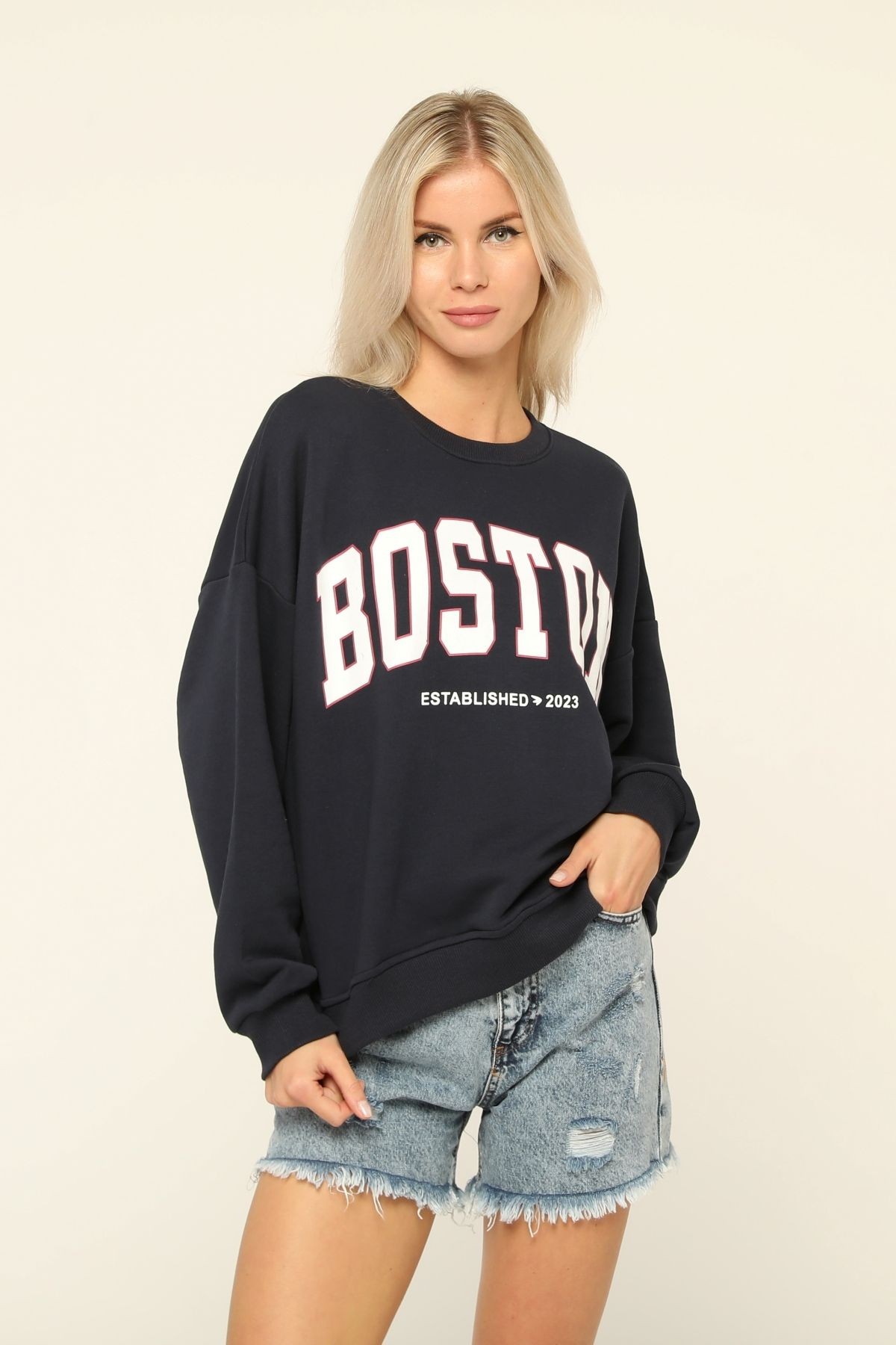 Kadın Lacivert Bisiklet Yaka Baskı Sweatshirt