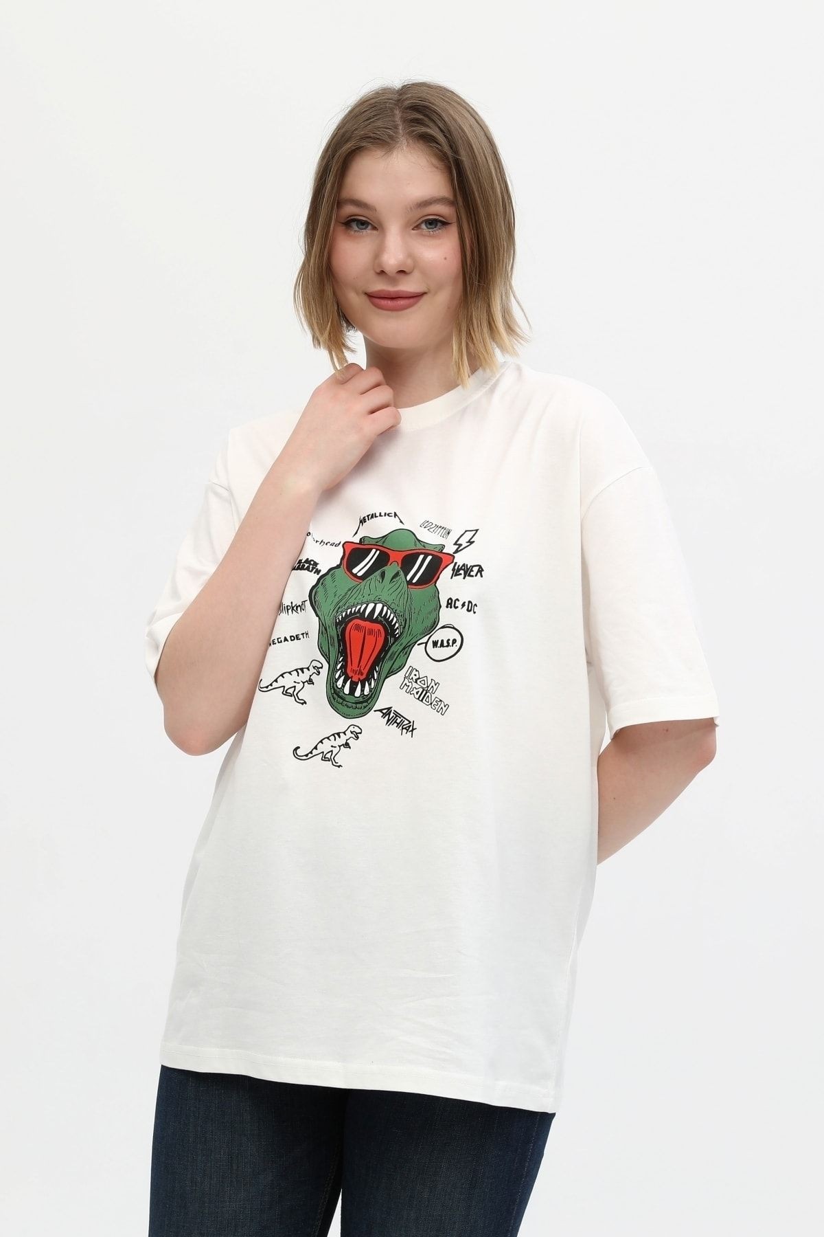 Unisex Beyaz %100 Pamuk Baskılı Oversize Dik Yaka Örme T-shirt