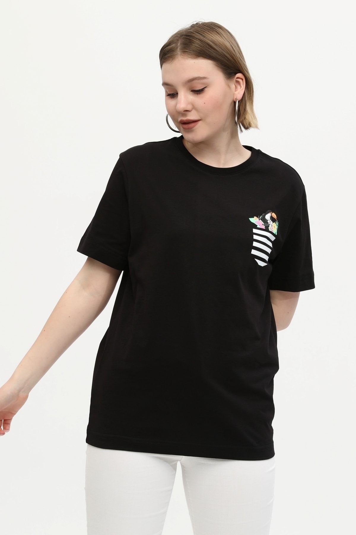 Siyah %100 Pamuk Bisiklet Yaka Baskılı Oversize Örme T-Shirt