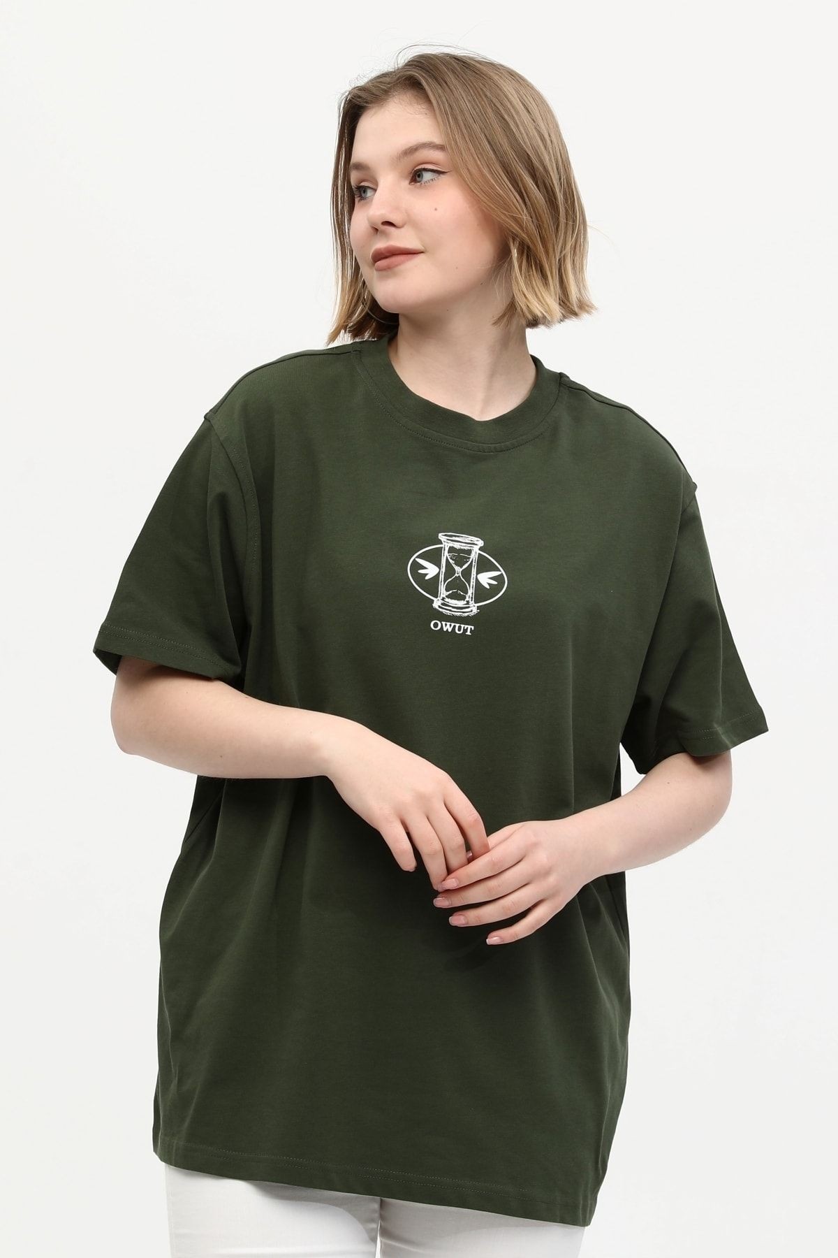 Unisex Yeşil %100 Pamuk Baskılı Oversize Dik Yaka Örme T-shirt