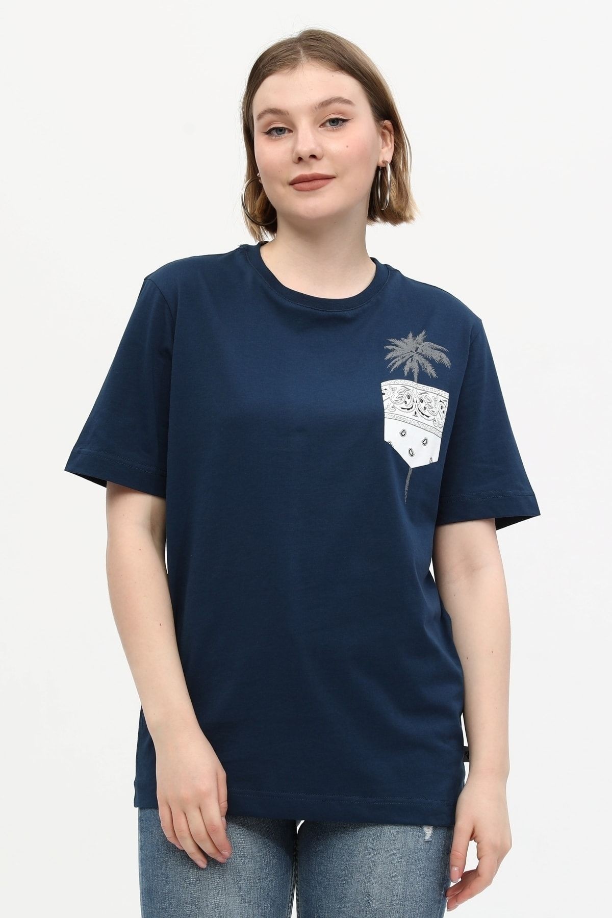 Lacivert %100 Pamuk Bisiklet Yaka Baskılı Oversize Örme Palmiye T-shirt