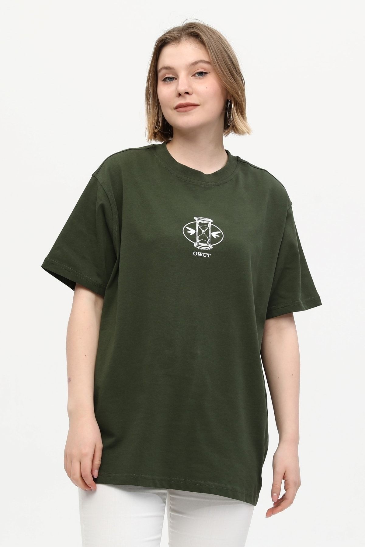 Unisex Yeşil %100 Pamuk Baskılı Oversize Dik Yaka Örme T-shirt