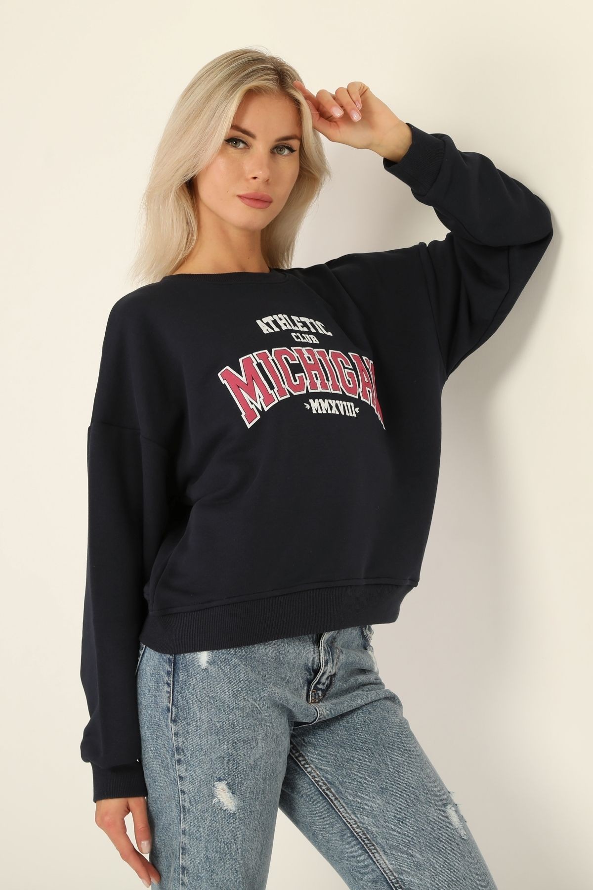 Kadın Bisiklet Yaka Baskılı Sweatshirt