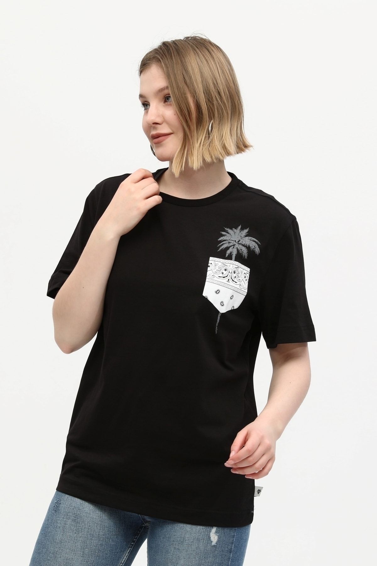 Siyah %100 Pamuk Bisiklet Yaka Baskılı Oversize Örme Palmiye T-shirt