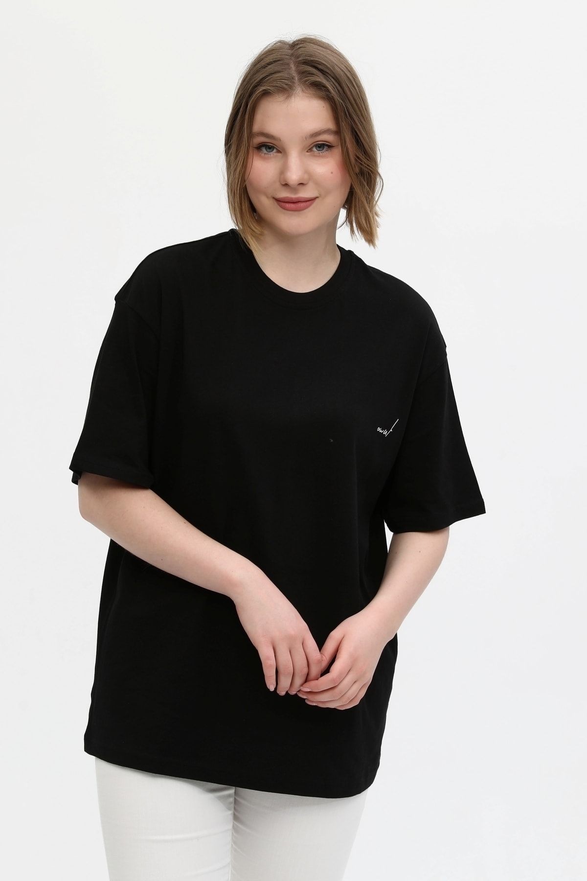 Unisex Siyah %100 Pamuk Baskılı Oversize Dik Yaka Örme T-shirt