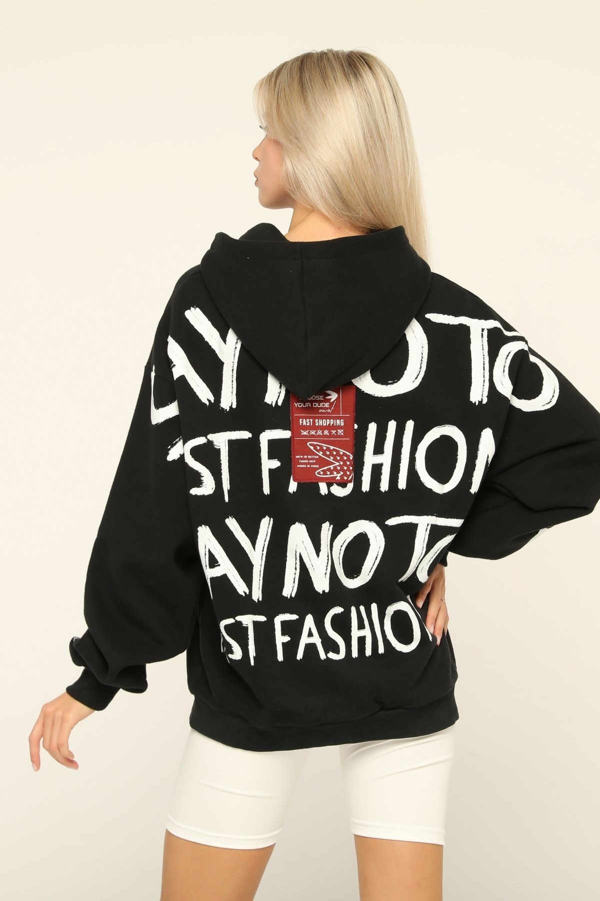 Kadın Siyah Oversize Baskılı Kapşonlu Sweatshirt