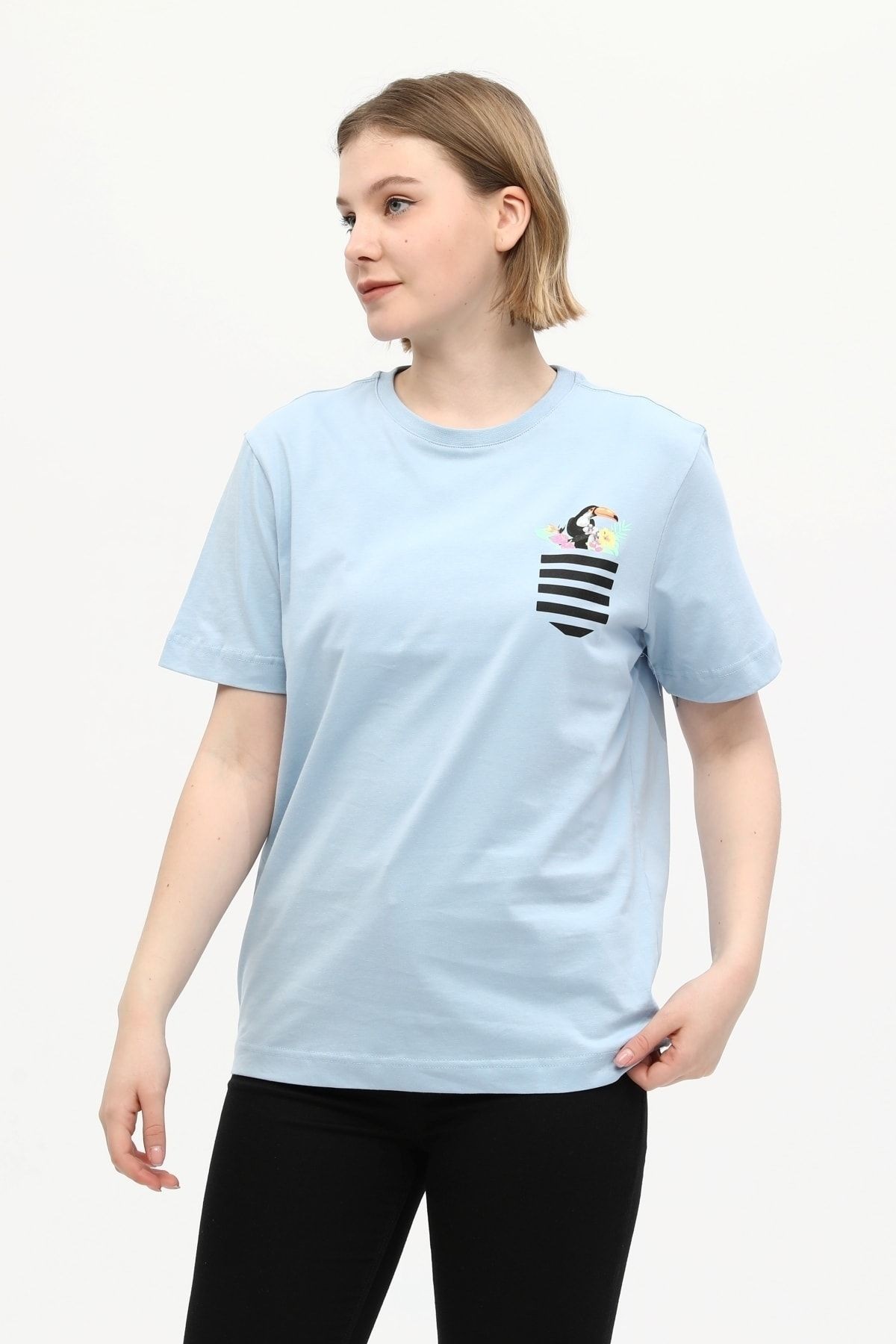 %100 Pamuk Bisiklet Yaka Baskılı Oversize Örme T-Shirt