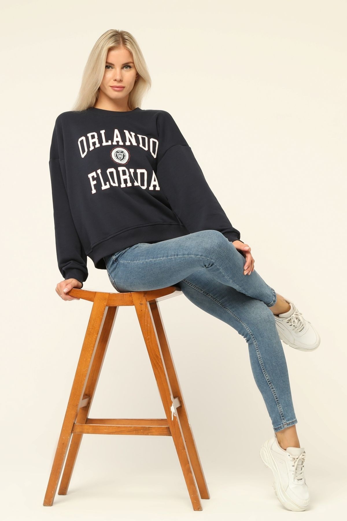 Kadın Lacivert Orlando Floriada Baskılı Bisiklet Yaka Sweatshirt