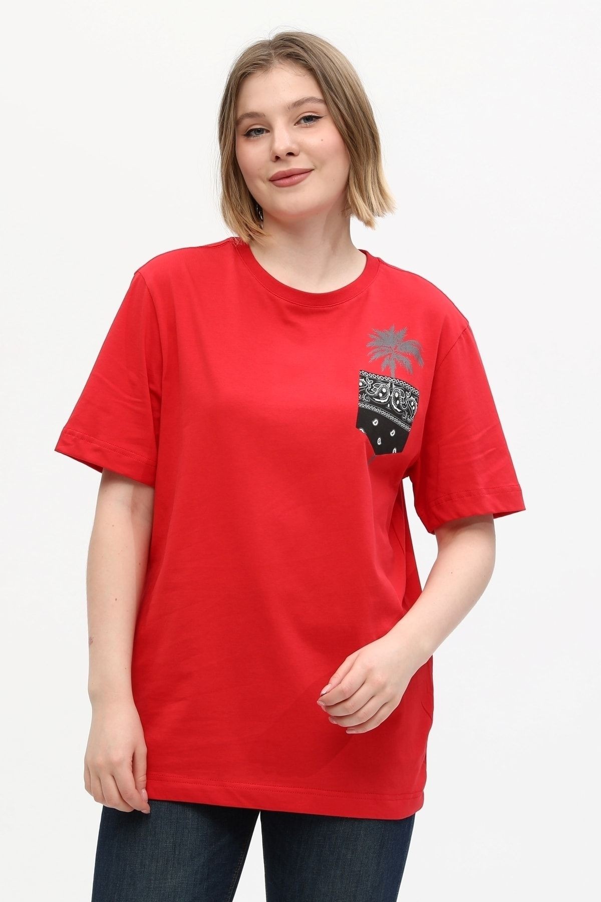 Kadın Kırmızı %100 Pamuk Baskılı Oversize Dik Yaka Örme T-shirt