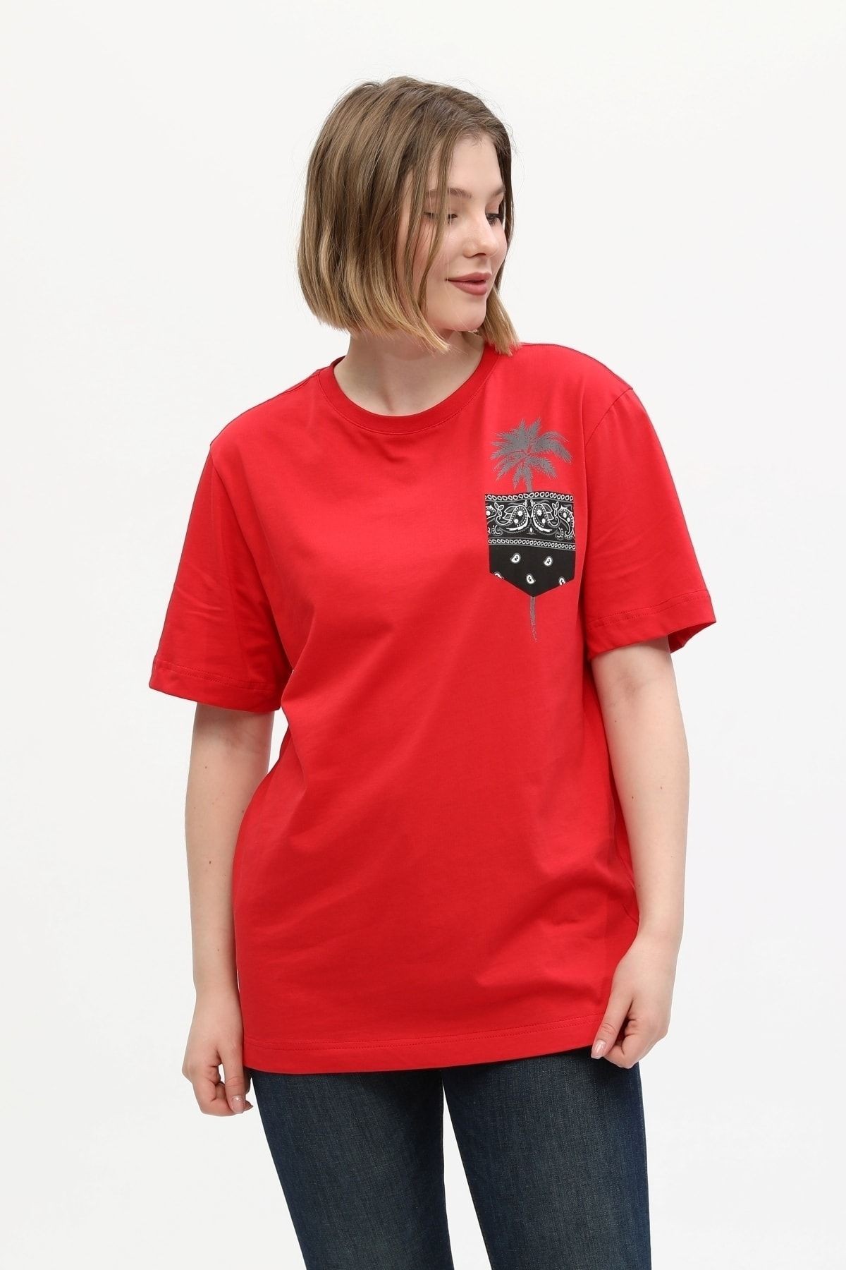 Kadın Kırmızı %100 Pamuk Baskılı Oversize Dik Yaka Örme T-shirt