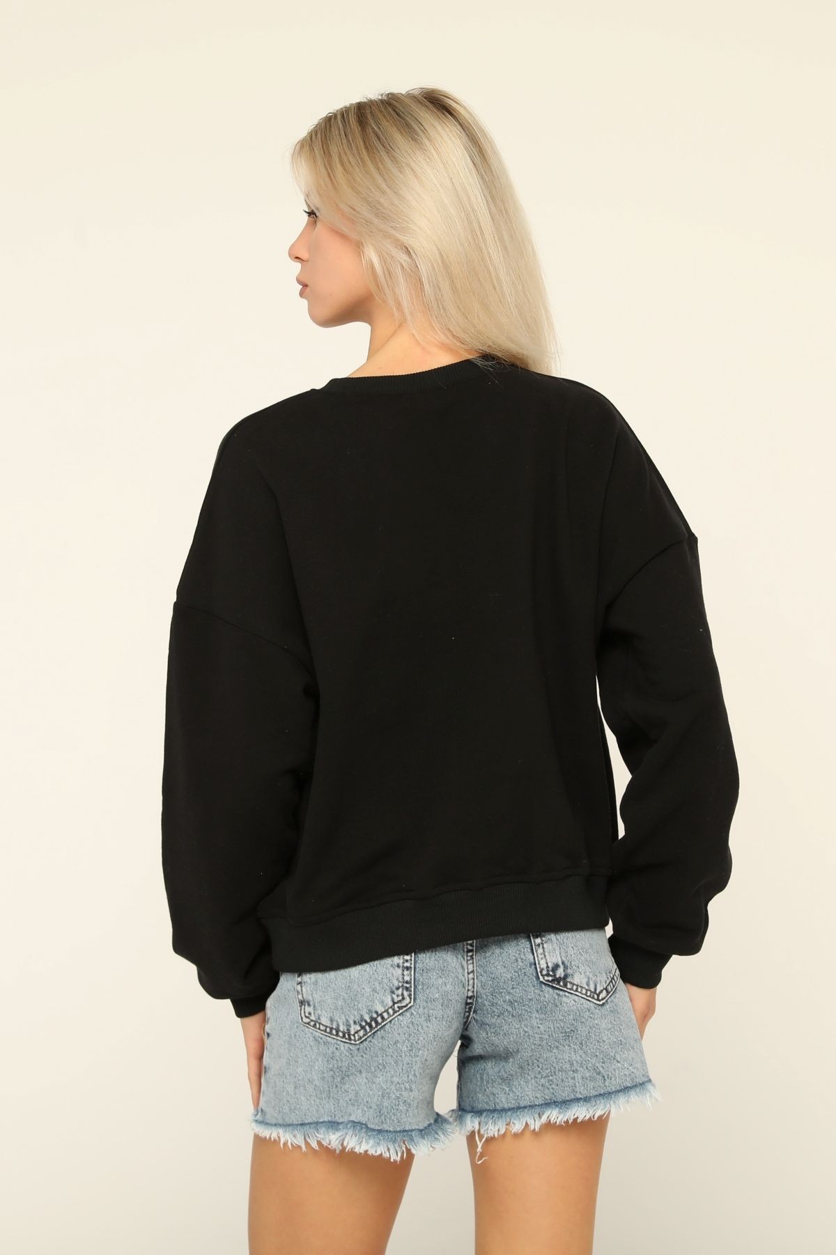 Kadın Lacivert Bisiklet Yaka Baskı Detaylı Sweatshirt