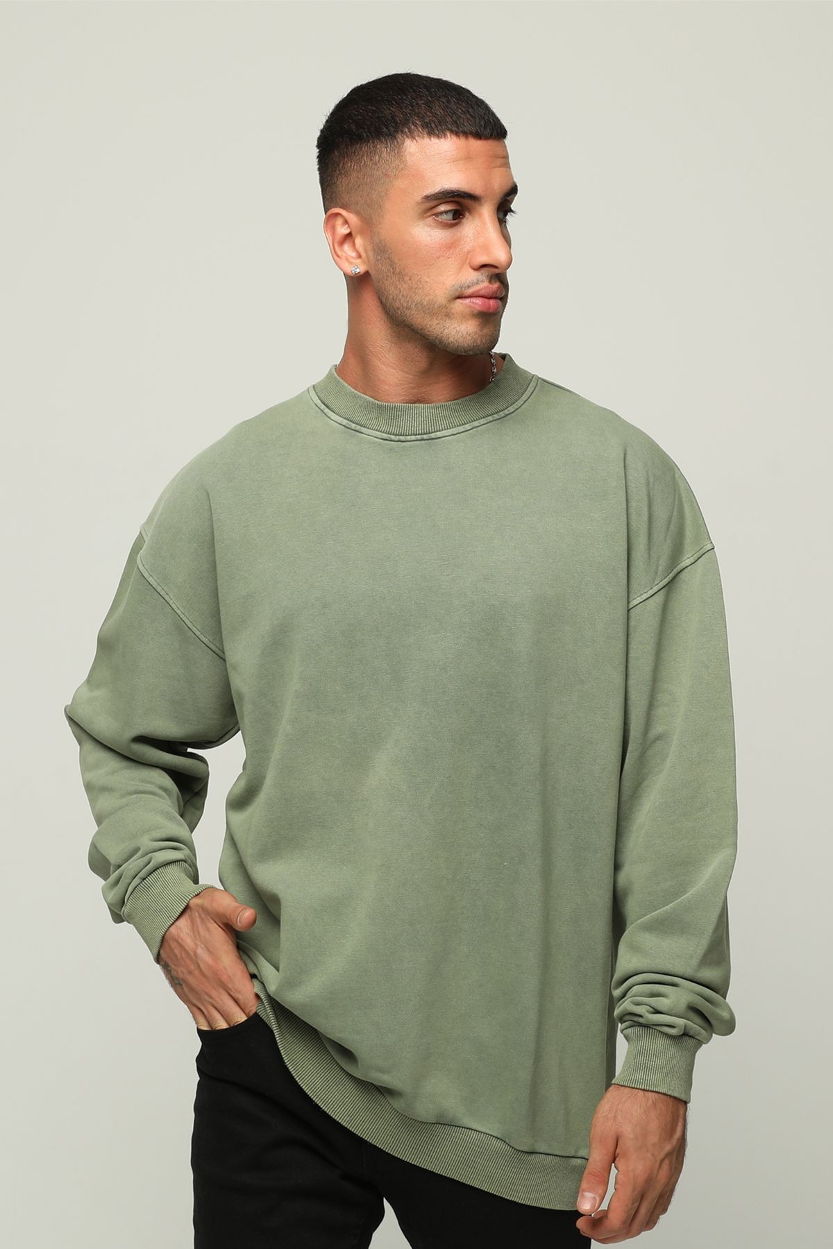 Erkek Premium Oversize/Geniş Kesim Yazı Nakışlı Kalın Pamuklu Sweatshirt