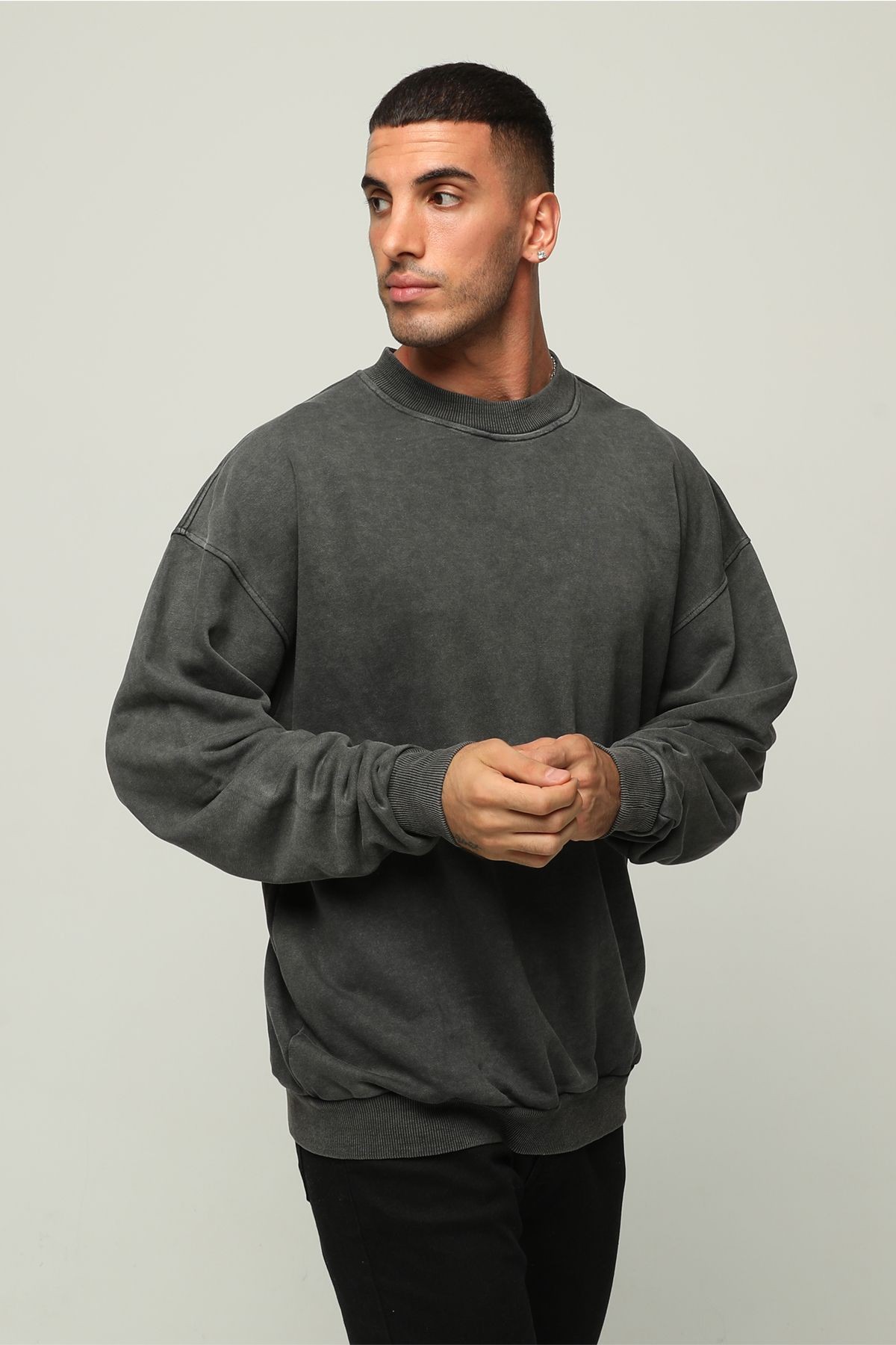 Erkek Oversize Bisiklet Yaka Baskılı Sweatshirt