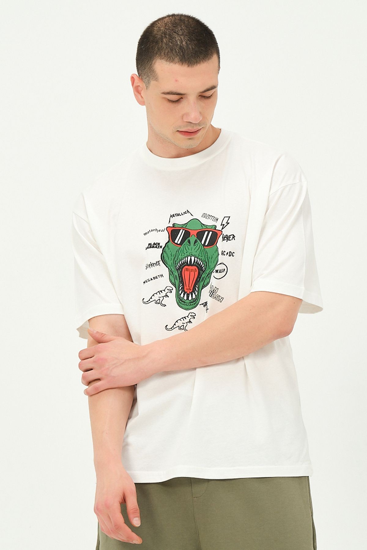 Erkek Ekru Dinazor Baskı Detaylı Oversize T-Shirt