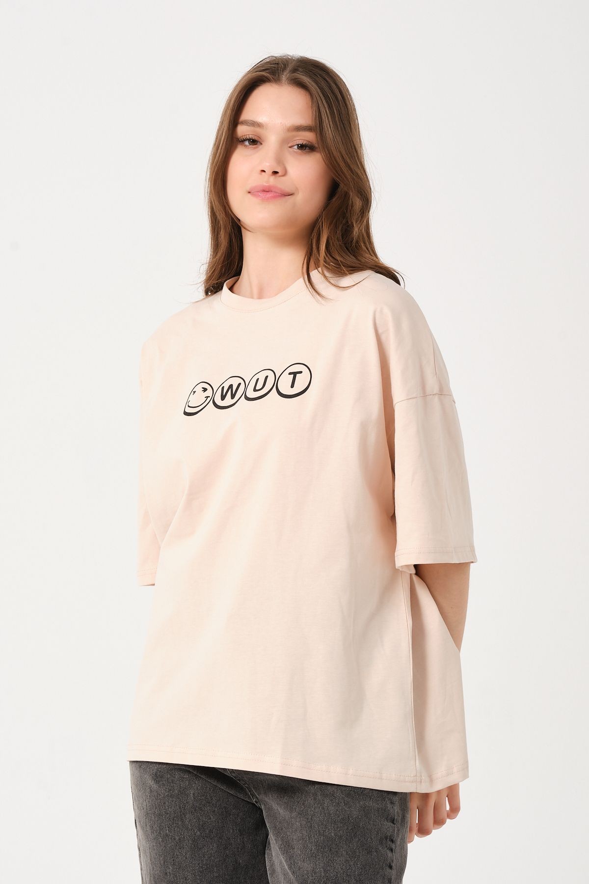 Unisex Bej Bisiklet Yaka Baskılı Oversize T-shirt