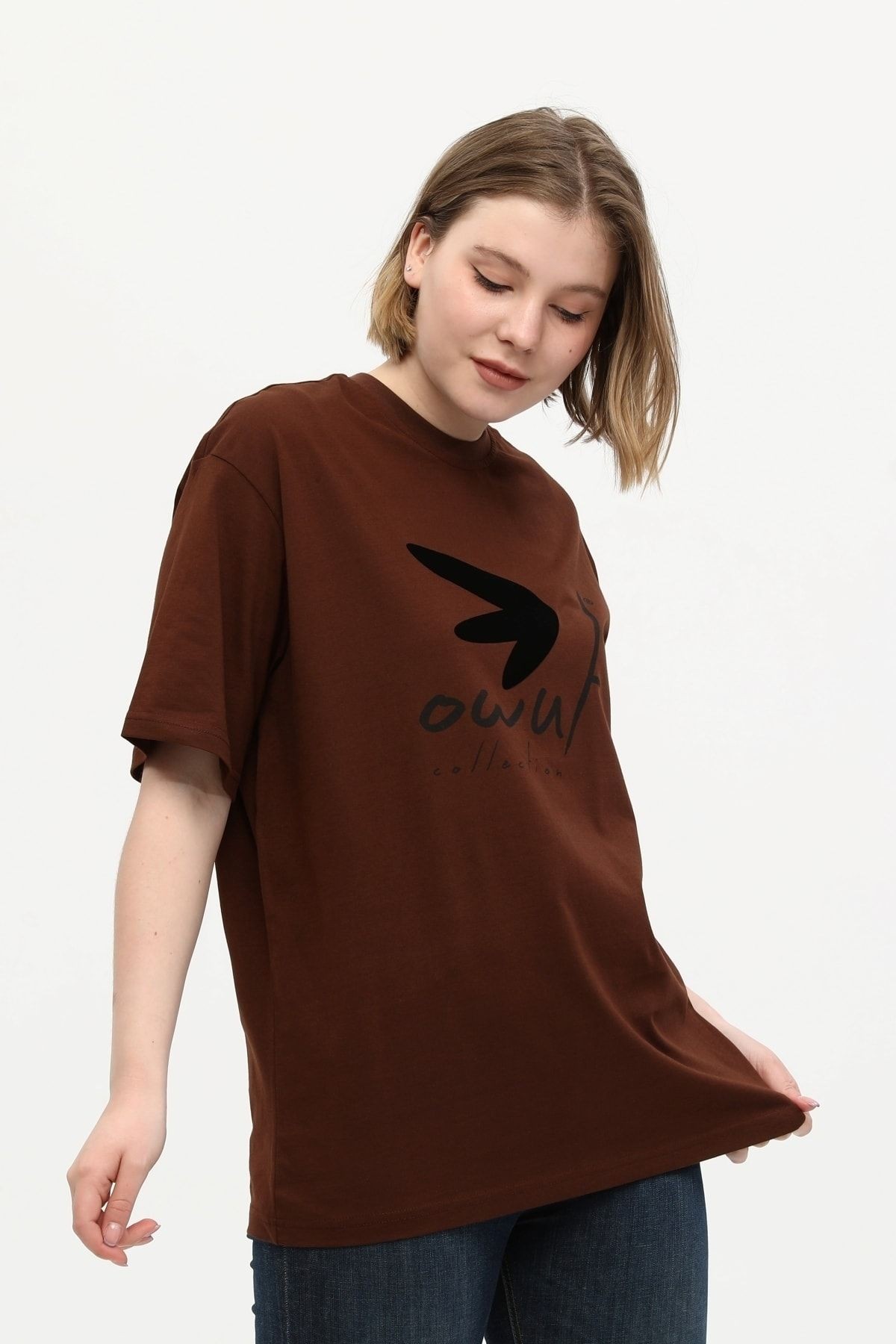 Unisex Kahverengi %100 Pamuk Baskılı Oversize Dik Yaka Örme T-shirt