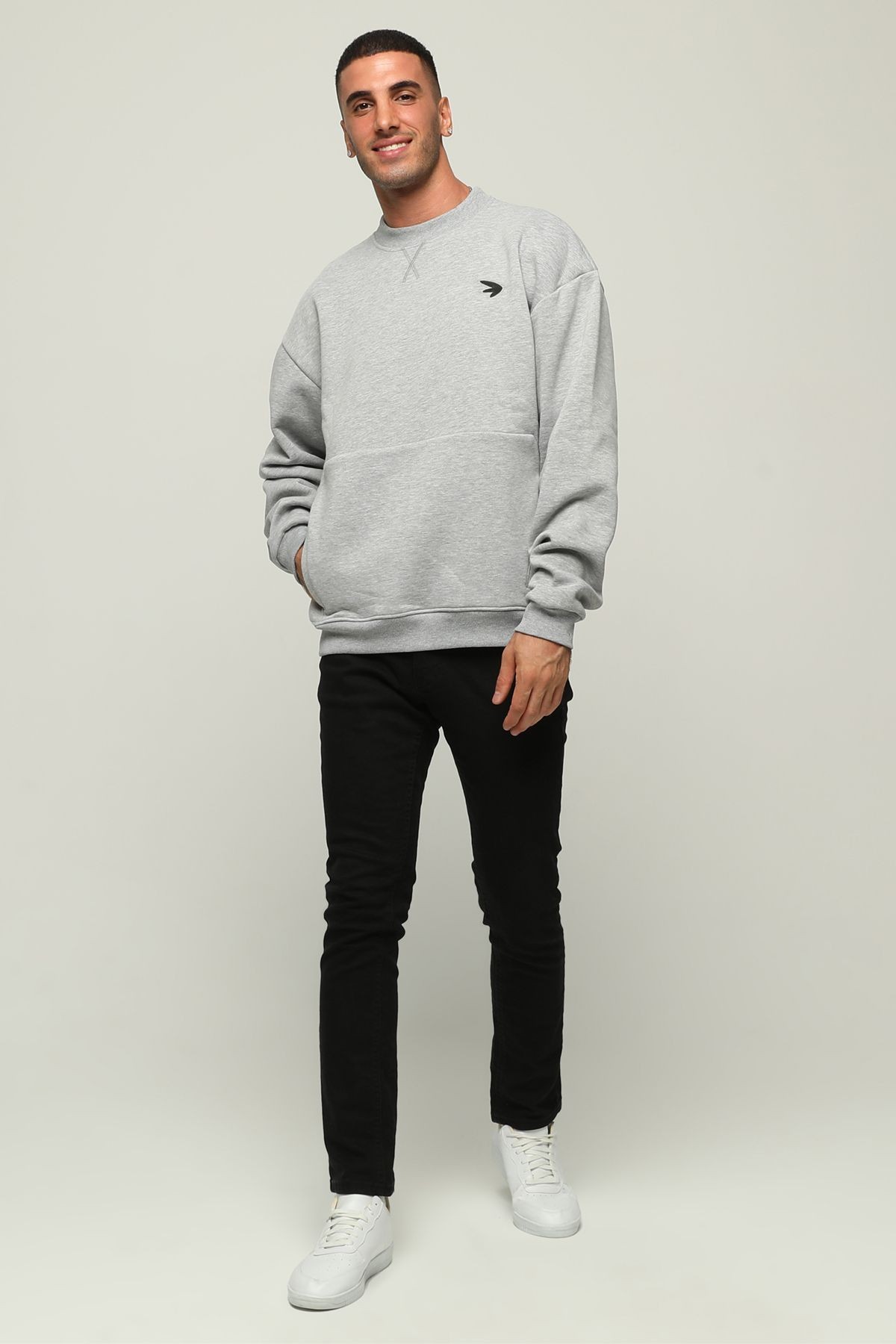 Oversize Kanguru Cepli Bisiklet Yaka Sırt Detaylı Sweatshirt