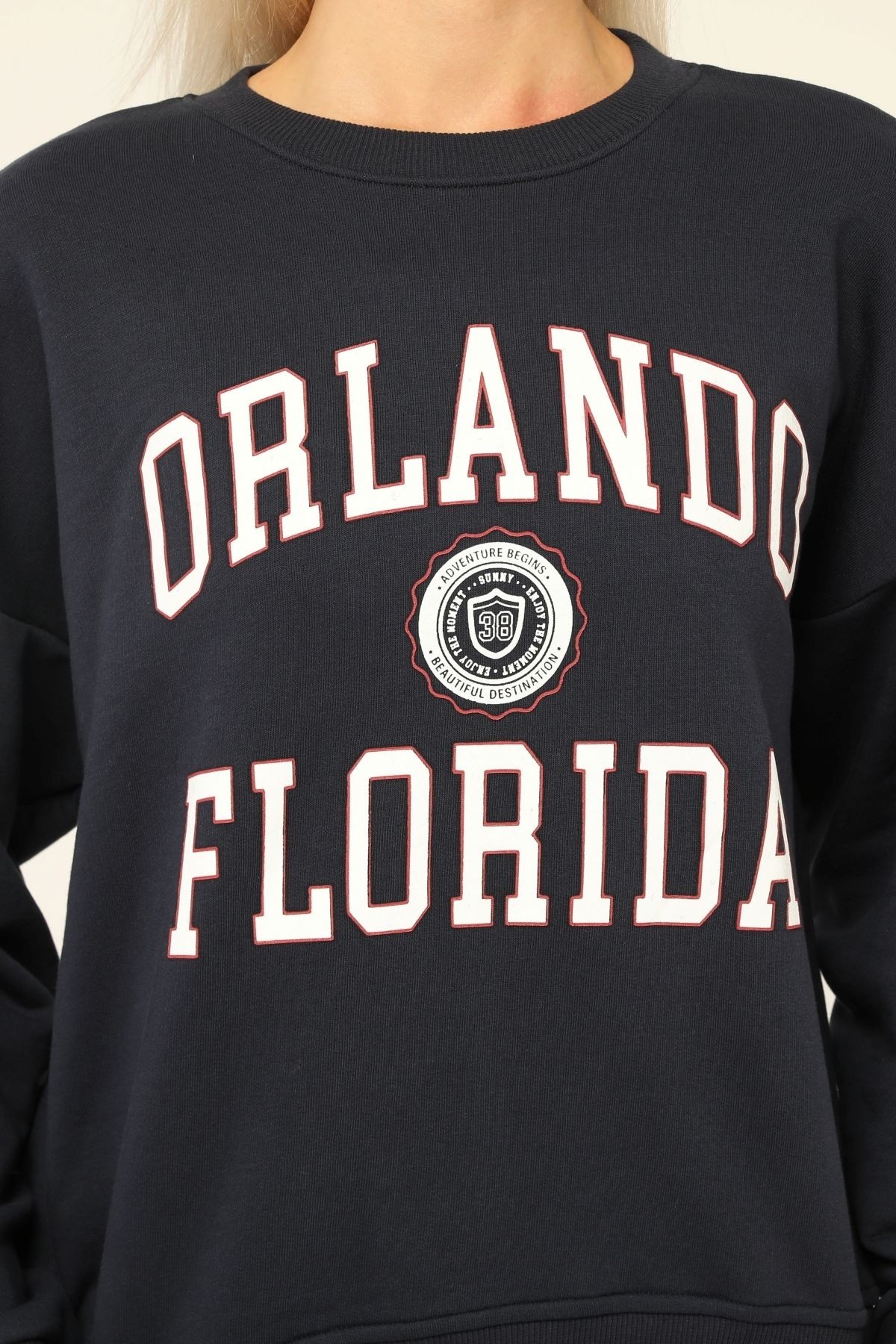 Kadın Lacivert Orlando Floriada Baskılı Bisiklet Yaka Sweatshirt