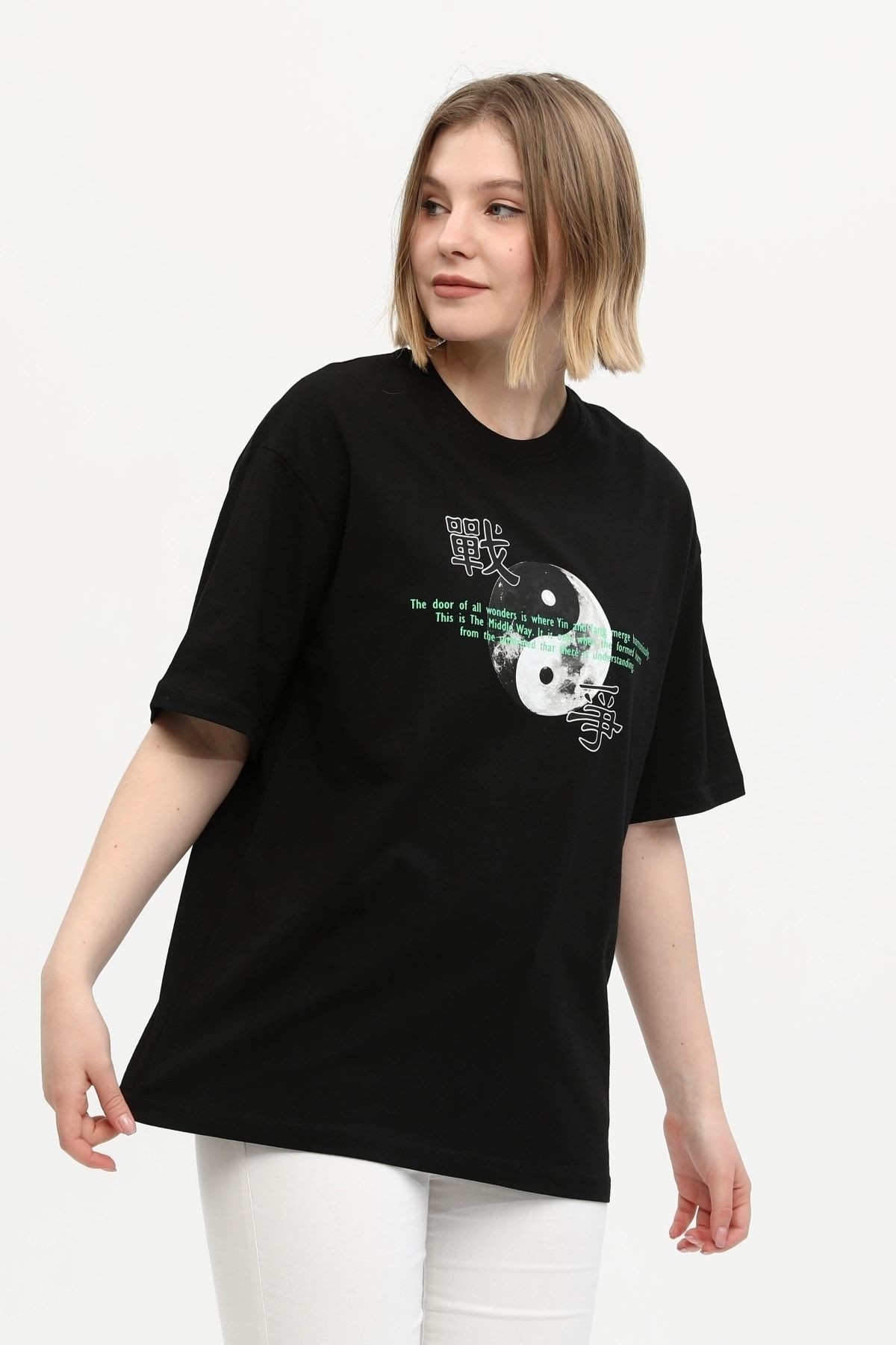 Unisex Kadın Siyah %100 Pamuk Baskılı Oversize Dik Yaka Örme T-shirt