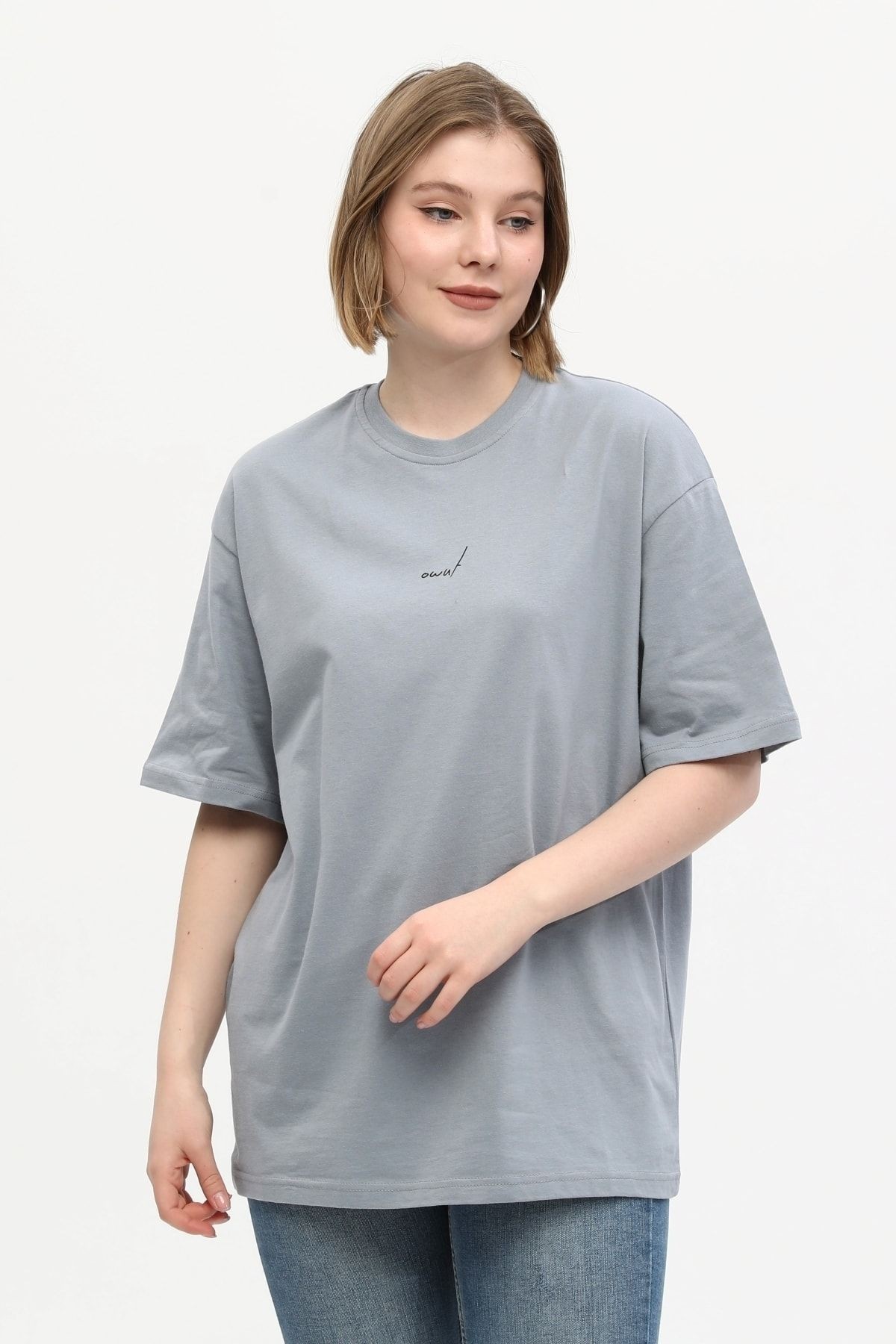 %100 Pamuk Bisiklet Yaka Baskılı Oversize Örme T-shirt