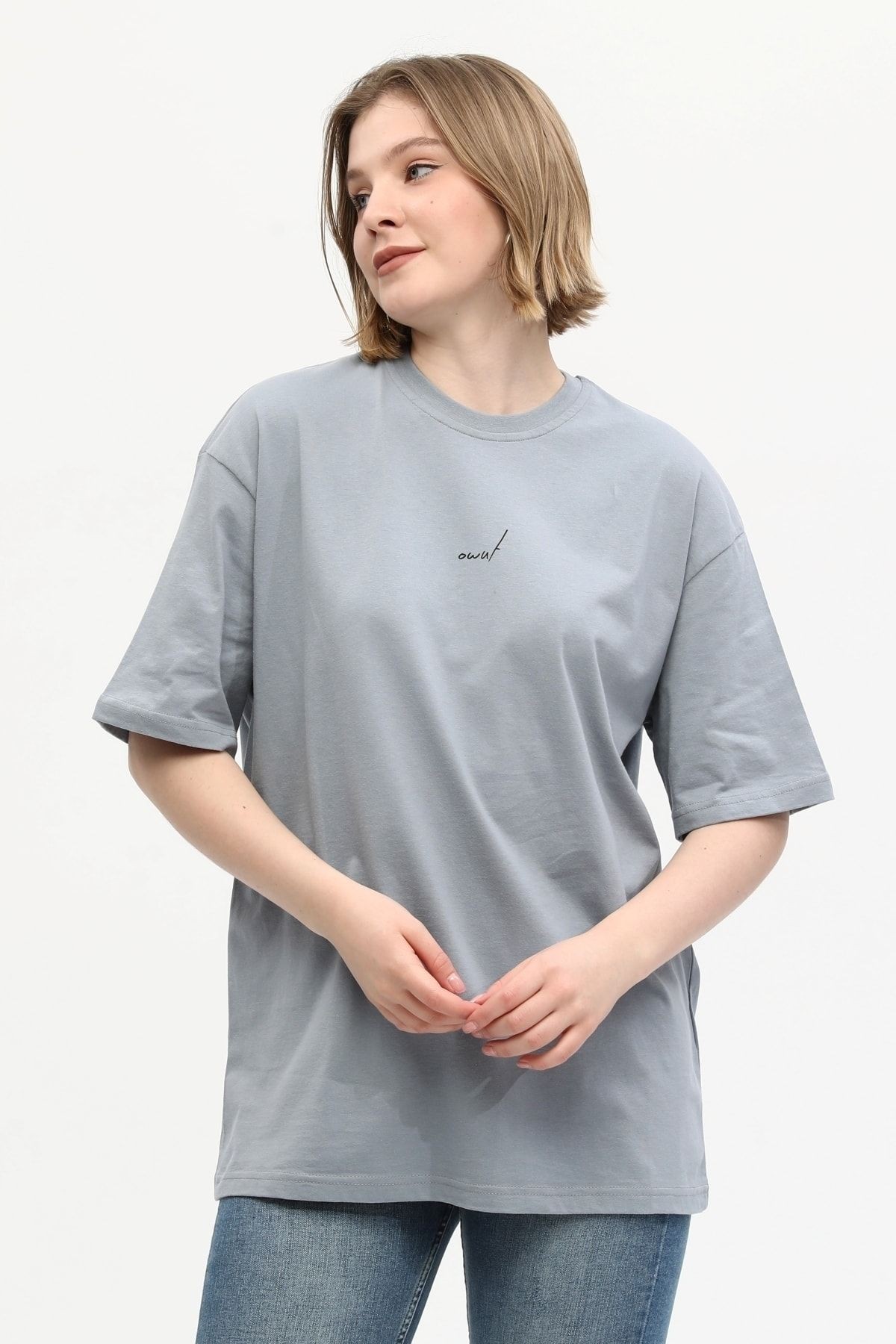 %100 Pamuk Bisiklet Yaka Baskılı Oversize Örme T-shirt