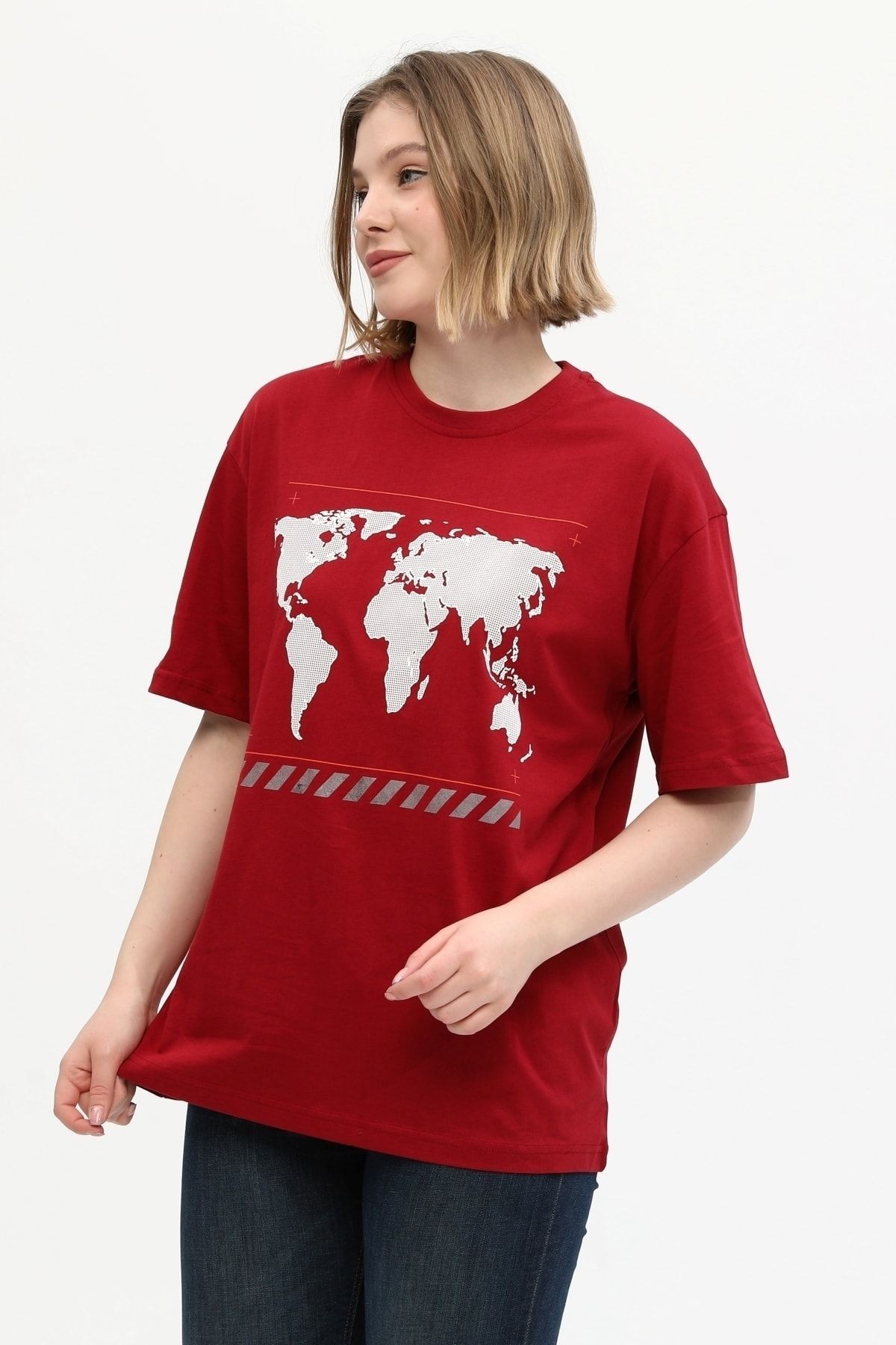 Unisex Kırmızı %100 Pamuk Baskılı Oversize Dik Yaka Örme T-shirt