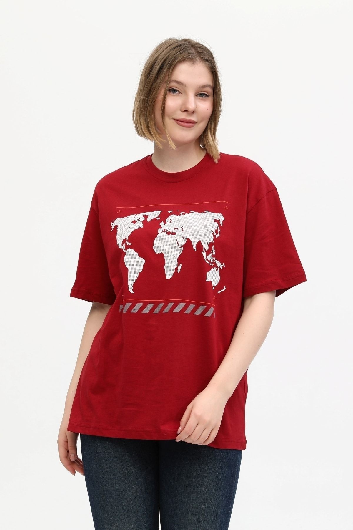 Unisex Kırmızı %100 Pamuk Baskılı Oversize Dik Yaka Örme T-shirt