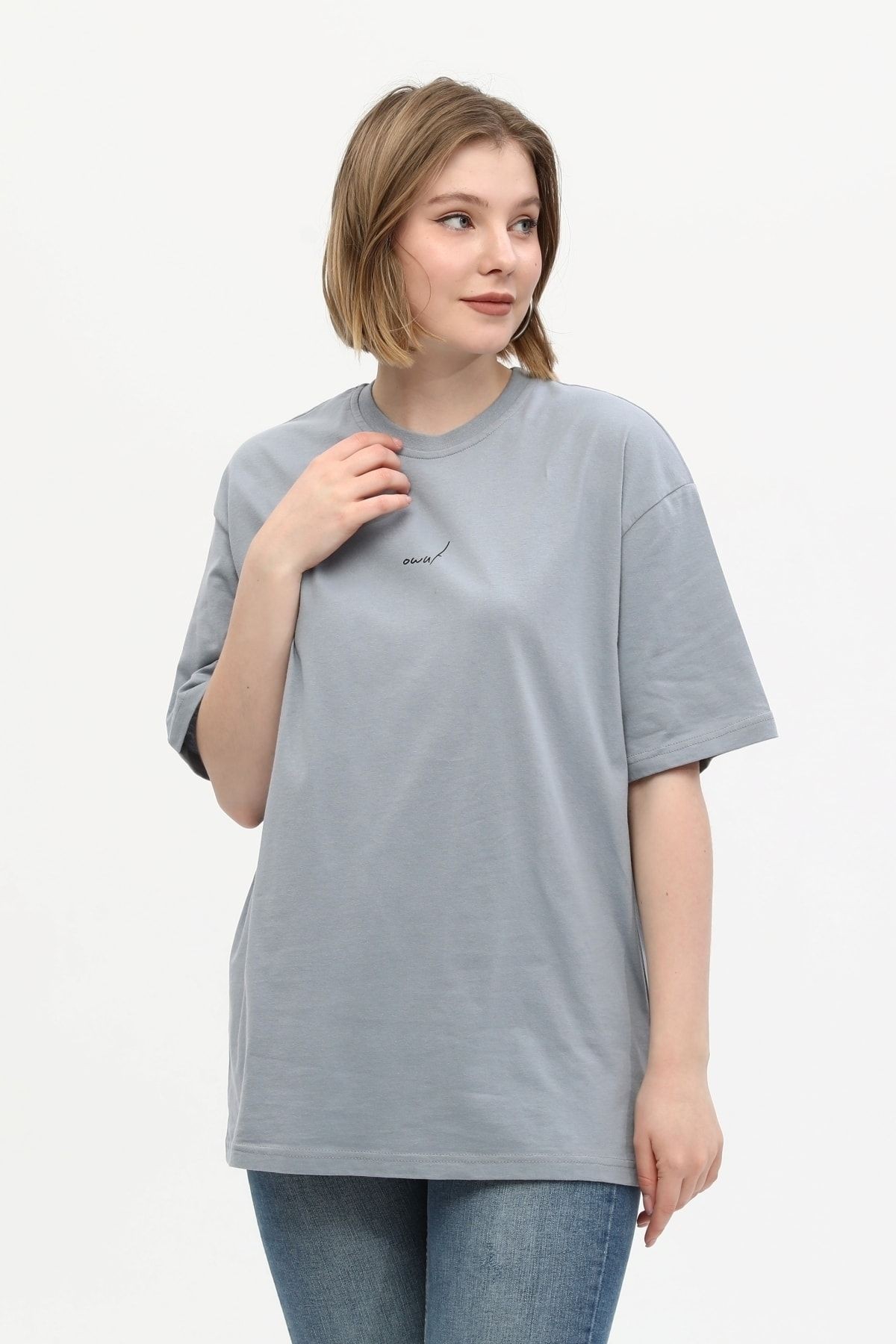 %100 Pamuk Bisiklet Yaka Baskılı Oversize Örme T-shirt