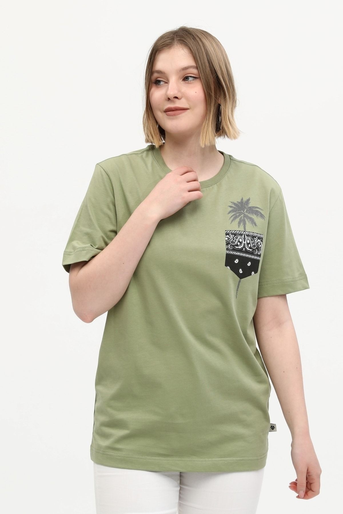 Kadın Yeşil %100 Pamuk Baskılı Oversize Dik Yaka Örme Palmiye T-shirt