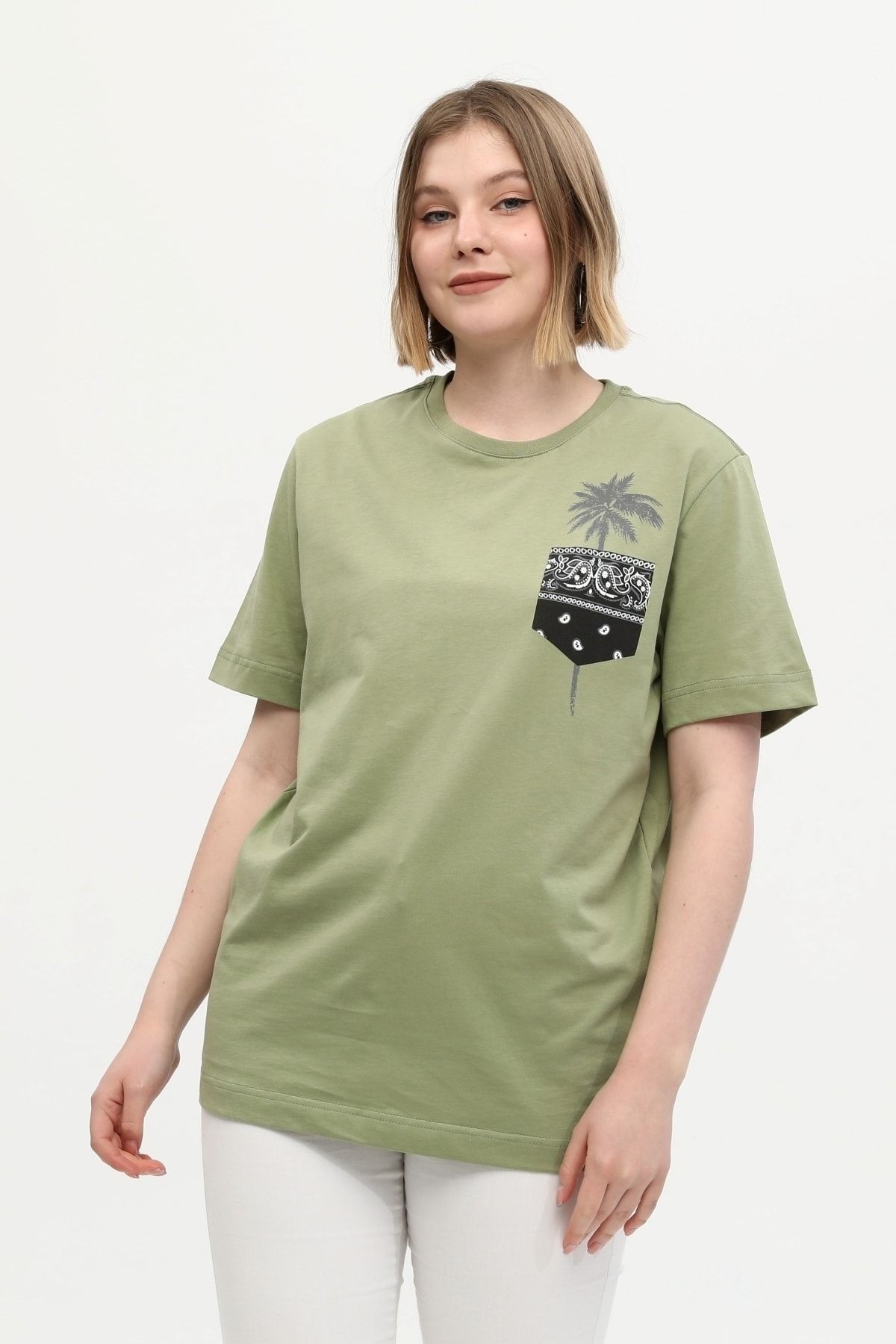 Kadın Yeşil %100 Pamuk Baskılı Oversize Dik Yaka Örme Palmiye T-shirt