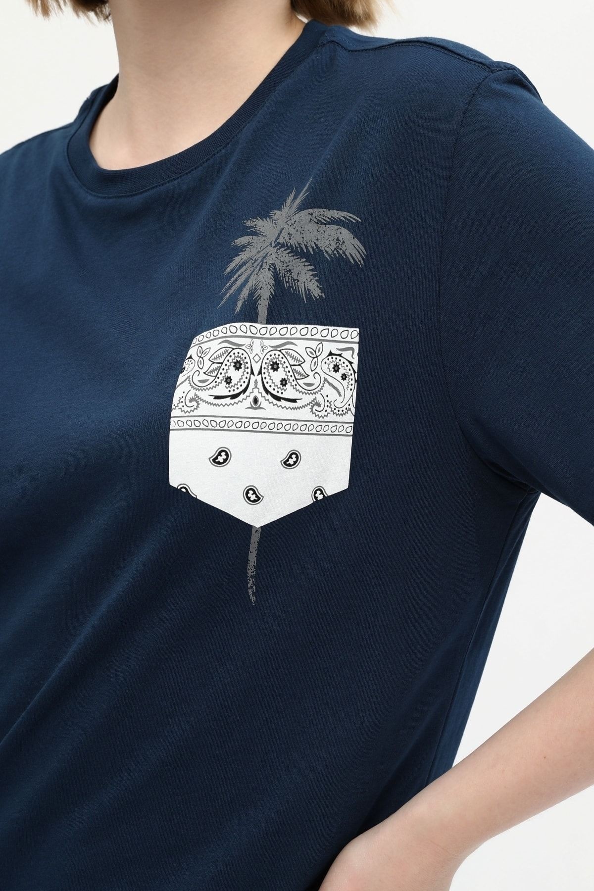 Lacivert %100 Pamuk Bisiklet Yaka Baskılı Oversize Örme Palmiye T-shirt